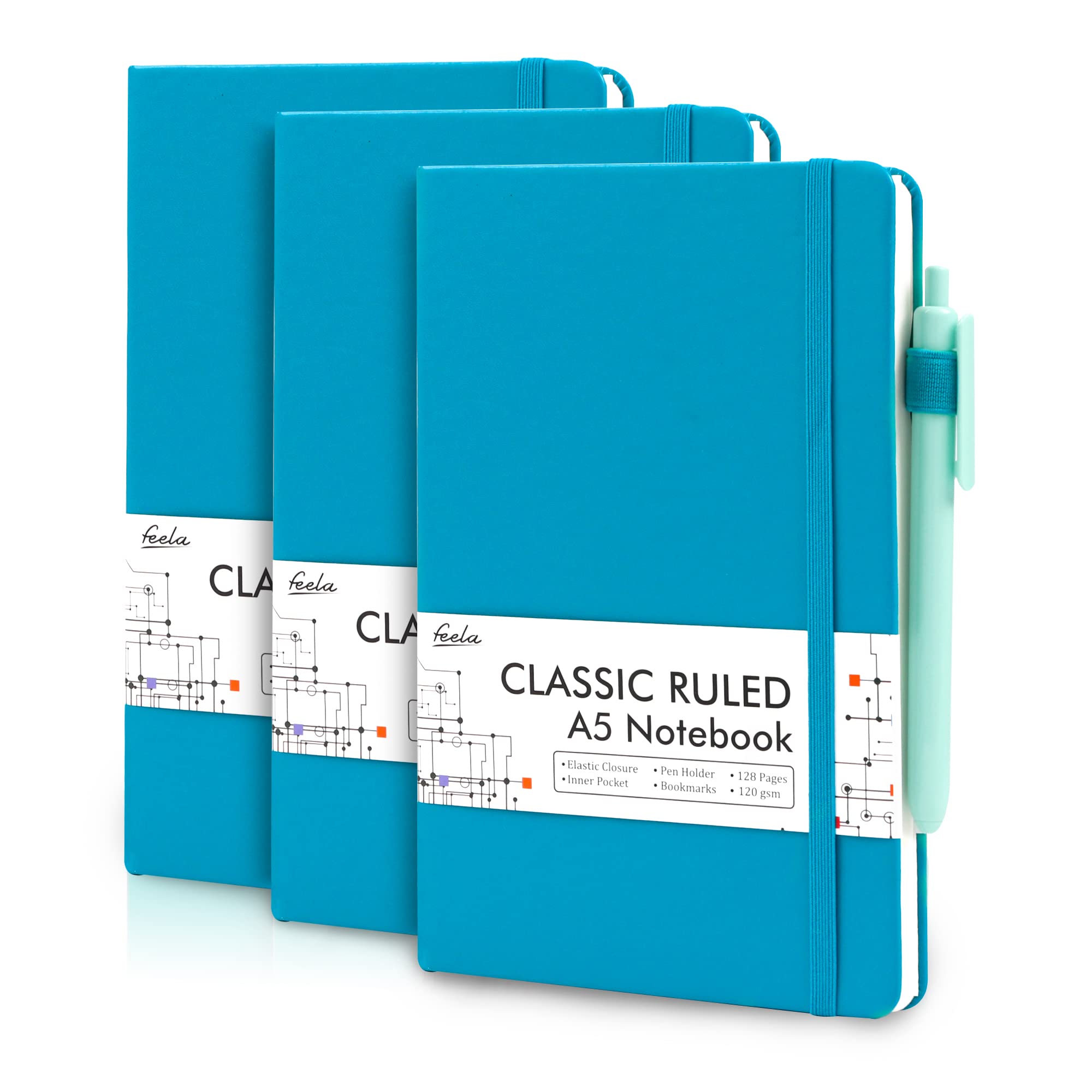Sponsored Ad – feela A5 Notebooks Multipack, 3 Pack Ruled Lined Notepads A5 (120 GSM), Hardback Journal Notebook with 3 Black Gel Pens for Work, Study, Journaling, Note Taking, 128 Pages/Pack, 21 x 13 cm, Teal