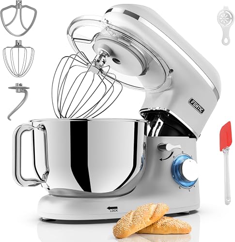 Robot kuchenny - 2000 W - miska do mieszania ze stali nierdzewnej (6,2 l) - maszyna do ugniatania z mieszadłem, hakiem do zagniatania, trzepaczką i ochroną przed pryskaniem - w zestawie dodatkowe