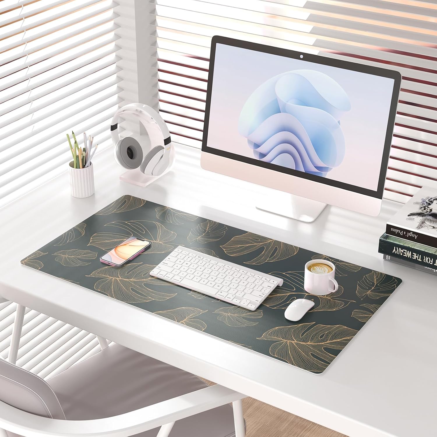 Colorful Star Monstera Leaves PU Leather Desk Mat, 31.5" x 15.7" image 2