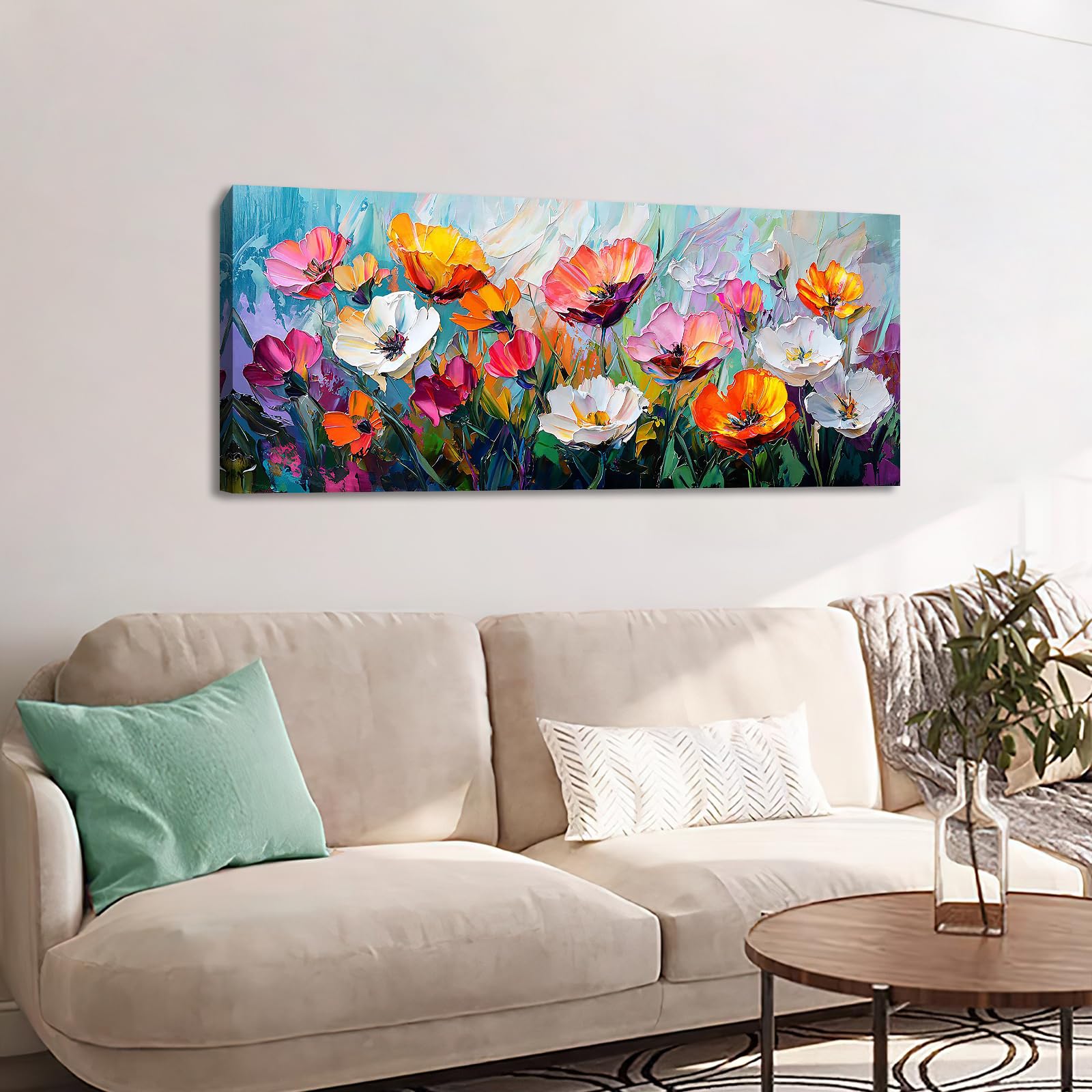 Tableau Abstrait Fleurs Sur Toile 80x160 Cm - Impression Haute Définition, Décor Murale Pour Salon Ou Chambre