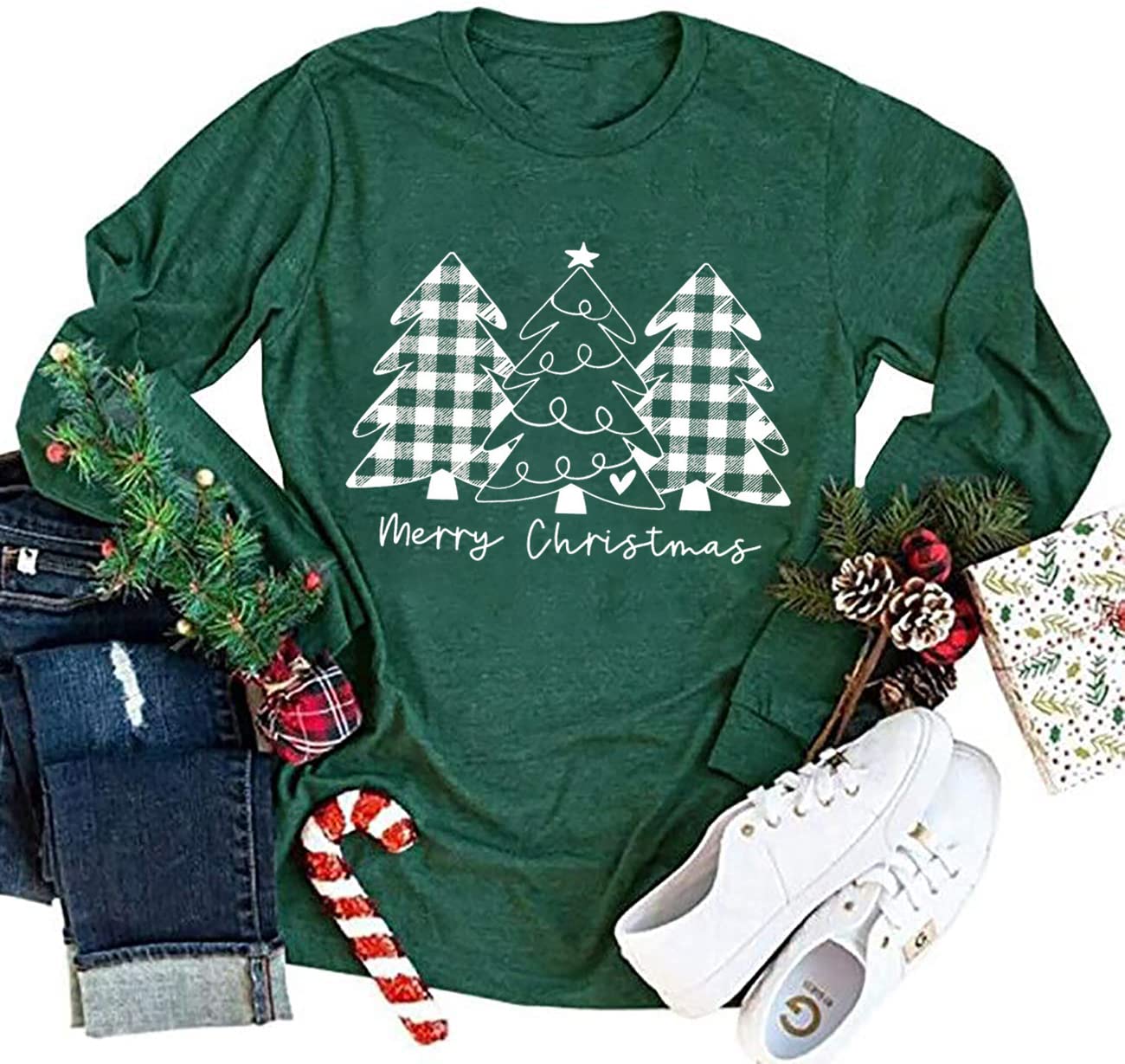 Merry Christmas Tshirt for Women Plaid Christmas Trees Graphic Tee Tops Casual Long Sleeve Xmas Shirt Blouse