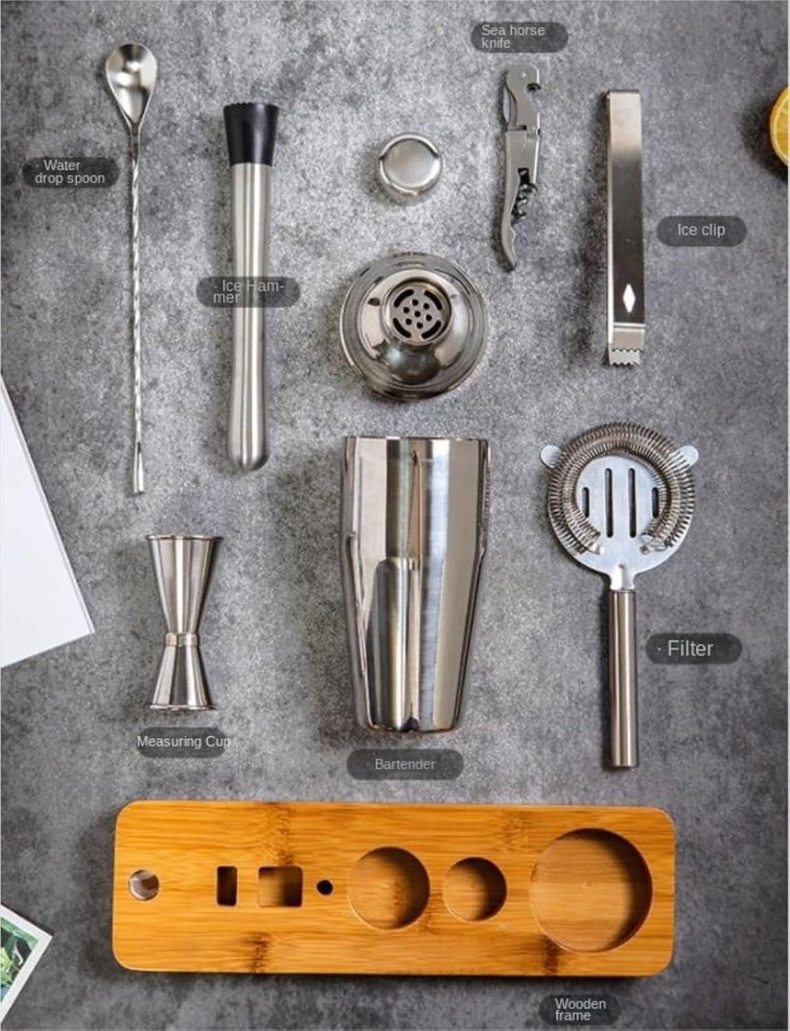 Cocktail Shaker Set Cocktail Shaker Kit 7 Piece Cocktail Making Set with Bamboo Stand Stainless Steel Cocktail Shaker Set for Bar Bartender Kit Cocktail Tool Set (Color : Silver, Size : 550ml)