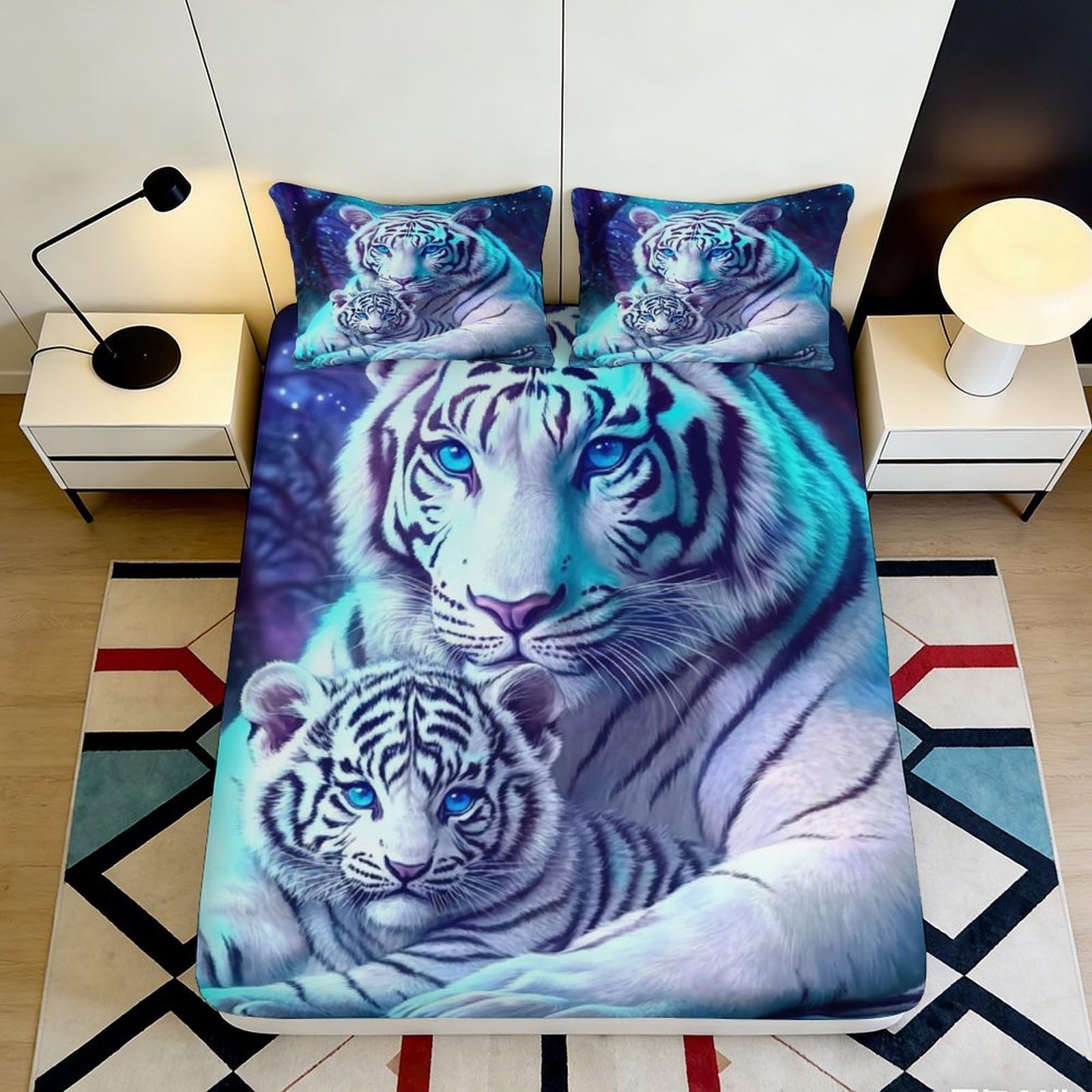 Jqzkxnhpbr Style-5 3D Printed White Tiger Fitted Sheet Microfiber Soft Breathable Blue Jungle Bed Sheet For Bedroom Dorm Decor 90X200x25cm