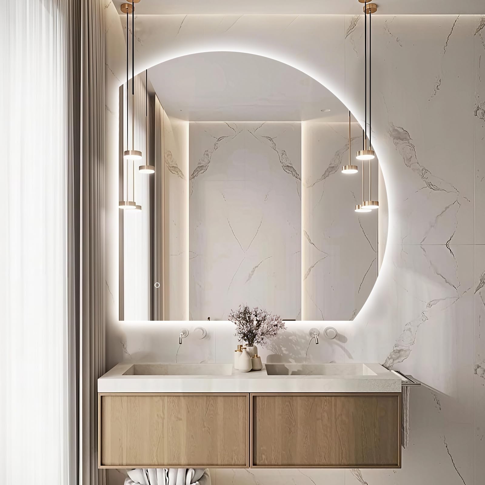 Photo 1 of Niccy 44" LED Bathroom Mirror with Lights, Half Moon Led Mirrors, Irregular Backlit Mirrors for Entryway, Anti-Fog, Dimmable, Makeup Mirror, Explosion Proof, Round Lighted Vanity Mirrors, White Light