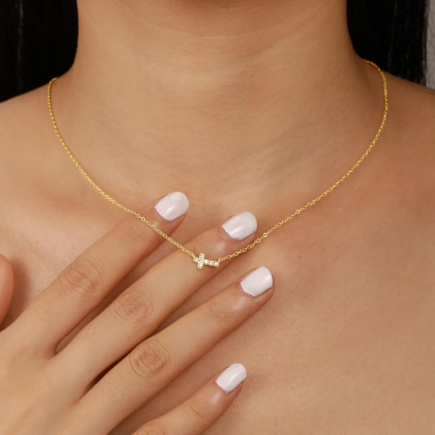 925 Sterling Silver Cross Necklace for Women Dainty CZ Horizontal Cross Pendant Necklaces Birthstone Charm Chain for Mom Sideway Crucifix Cross Faith Choker Necklace Mother's Day Easter Jewelry Gifts