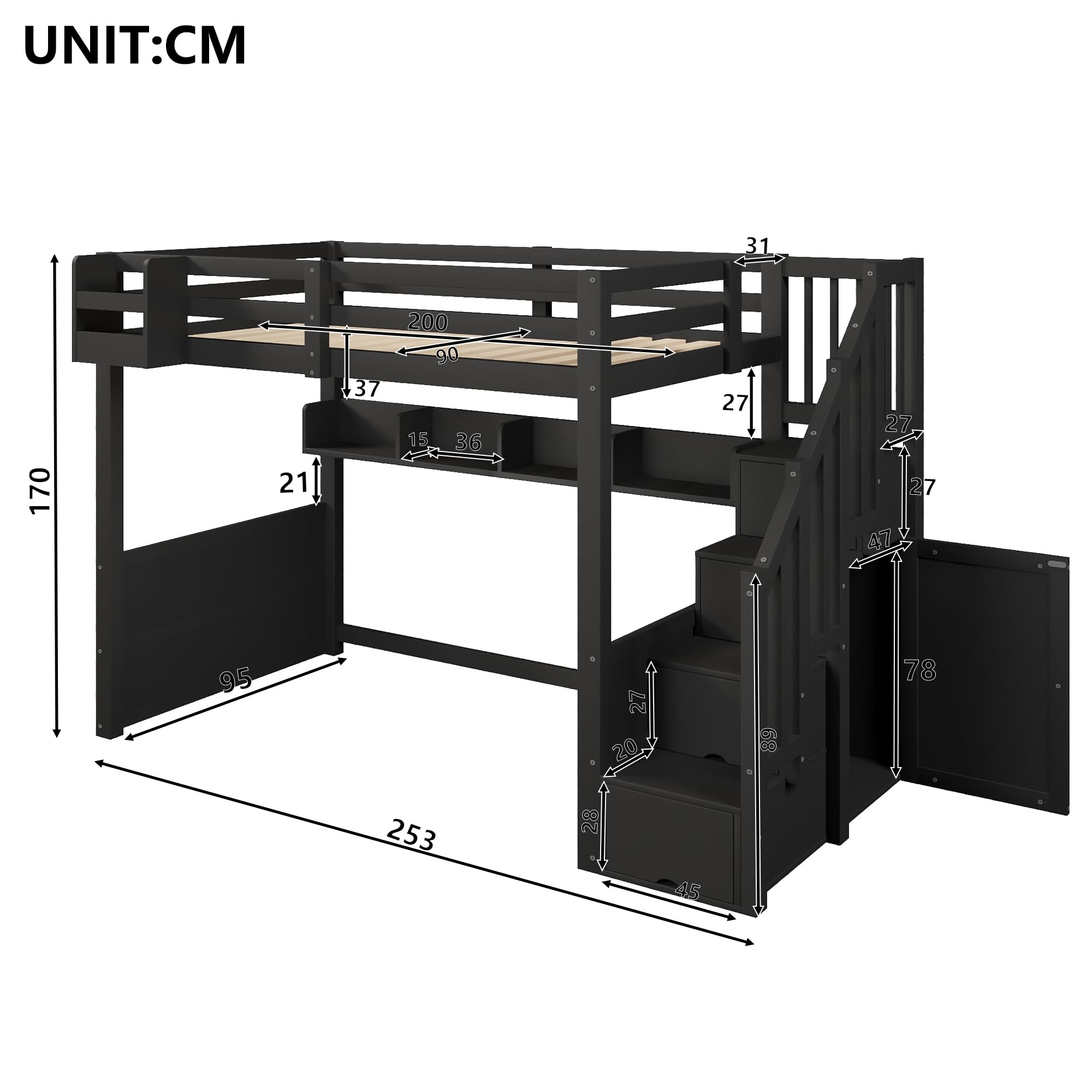 Zepneiy Letto Mezzanine in Legno 90x200 cm con Illuminazione a LED, Letto Mezzanine Singolo con Armadi, Spazio di Archiviazione e Scala di Archiviazione, Letto con Rete a Doghe, Nero (Materasso Non