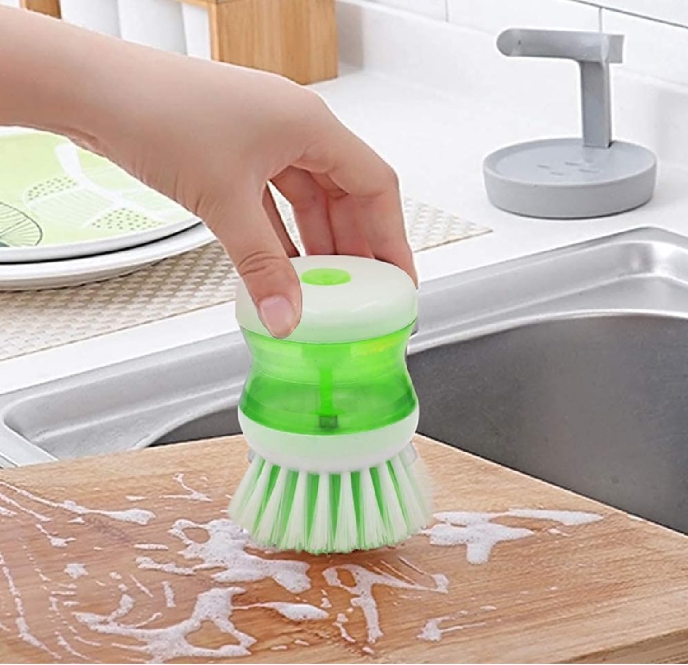 Winberg (R) Round Kitchen Bathroom Brush with Liquid Soap Dispenser Pack of 3 Multicolour BRUSH03 2