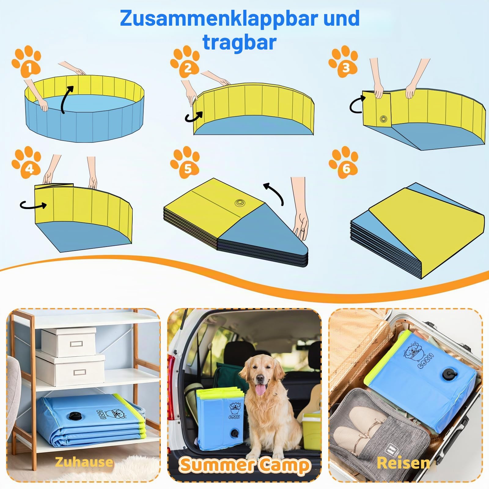 COZII Hundepool 160 x 30cm faltbare Hundebadewanne Planschbecken für Hunde Kinder rutschfest PVC mit Badebürste