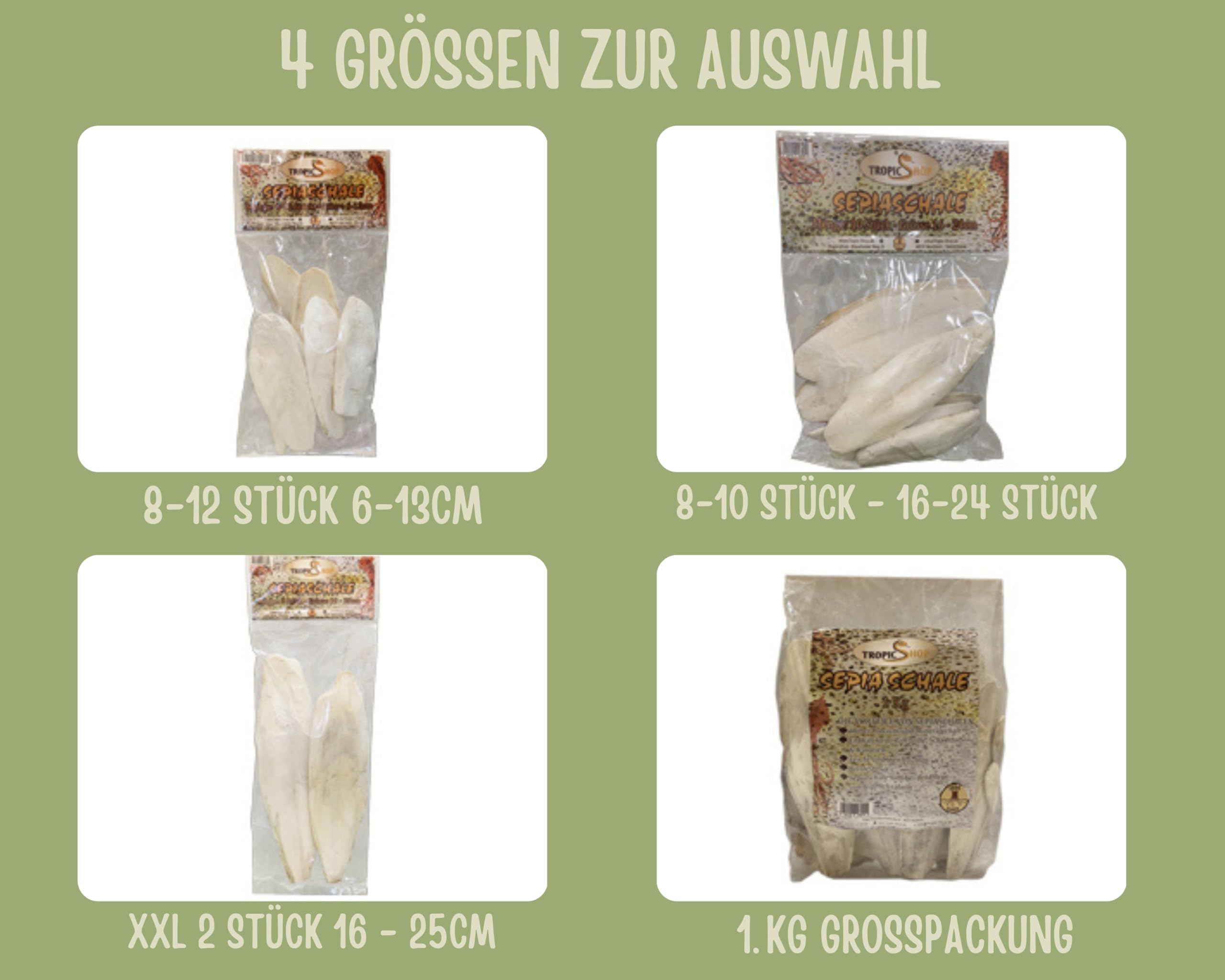 Tropic Shop, 1 kg 12-25 cm, duże miseczki sepia, 100% czysta jakość, optymalne wsparcie zdrowia, zaopatrzenie w wapń, pielęgnacja i budowa premium, odpowiednie dla gadów i ptaków
