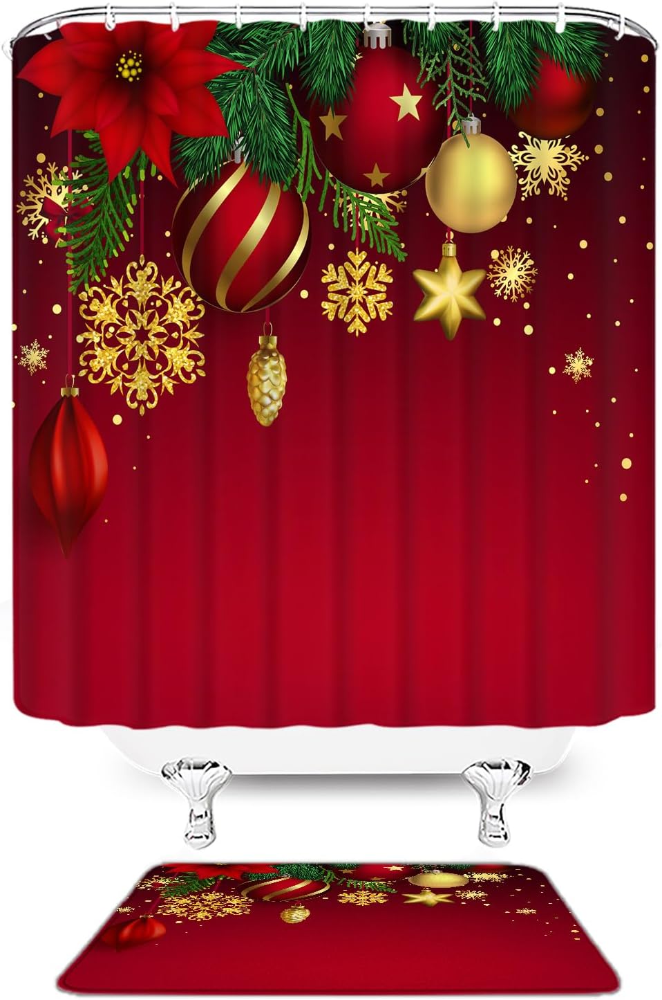 Christmas Cat Shower Curtain Xmas Tree Winter Snowflake Pine Berry Animal Holiday New Year Bathroom Curtain Fabric with Hooks(70" Wx84 H)
