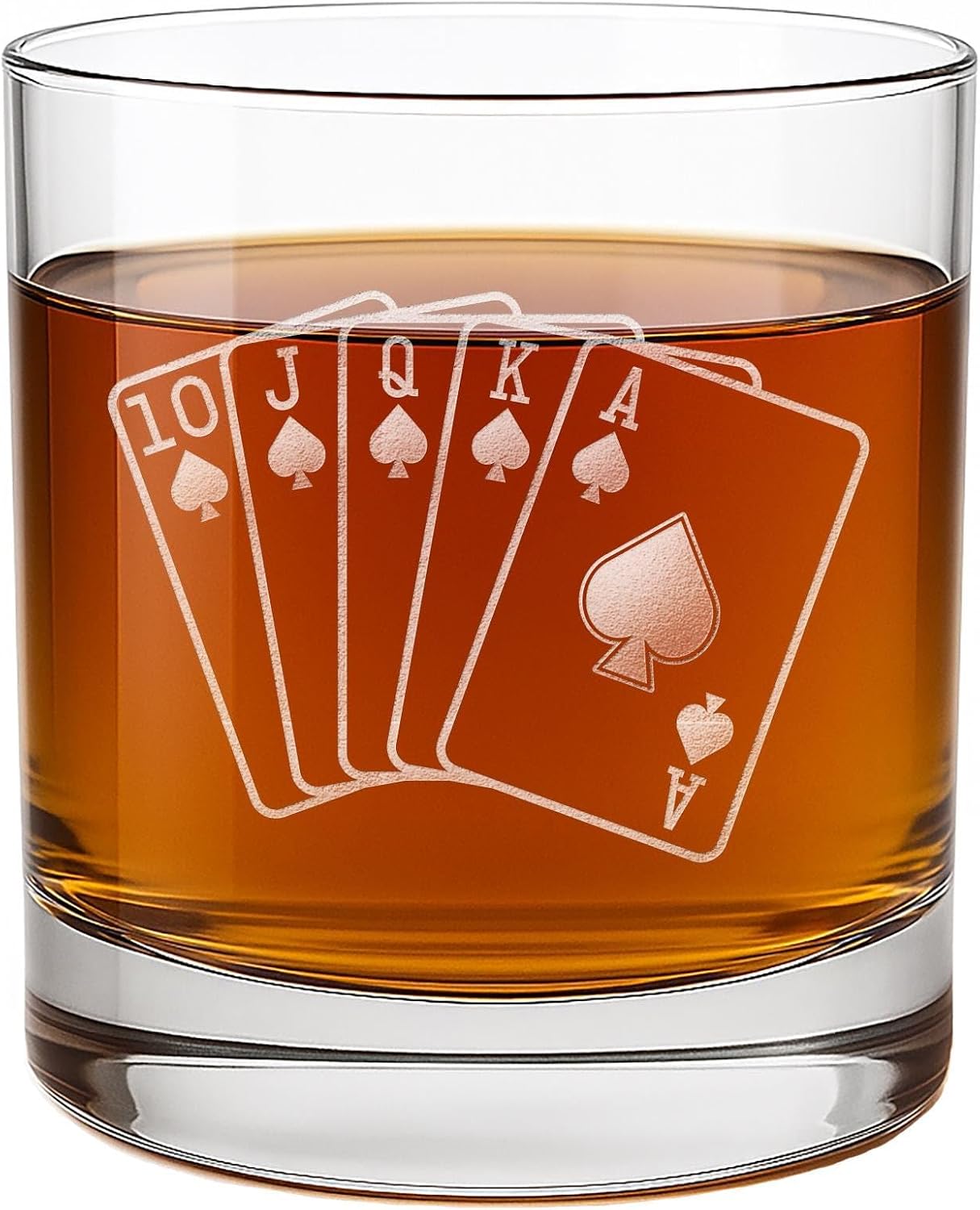 Royal Flush Poker Whiskey Glass - Engraved Round Rocks Glass for Card Players, Casino Decor, Poker Gift - 1 Pack