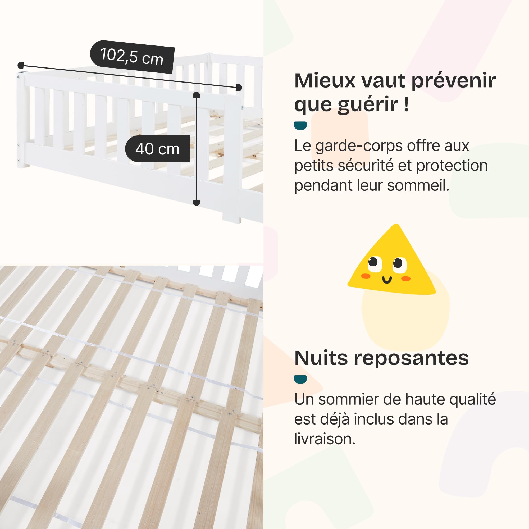[en.casa] Lit pour Enfant avec Structure Robuste Barrière de Protection Anti-Chute Décorative Sommier à Lattes Capacité de Charge 150 kg Bois de Pin Contreplaqué 140 x 200 cm Blanc