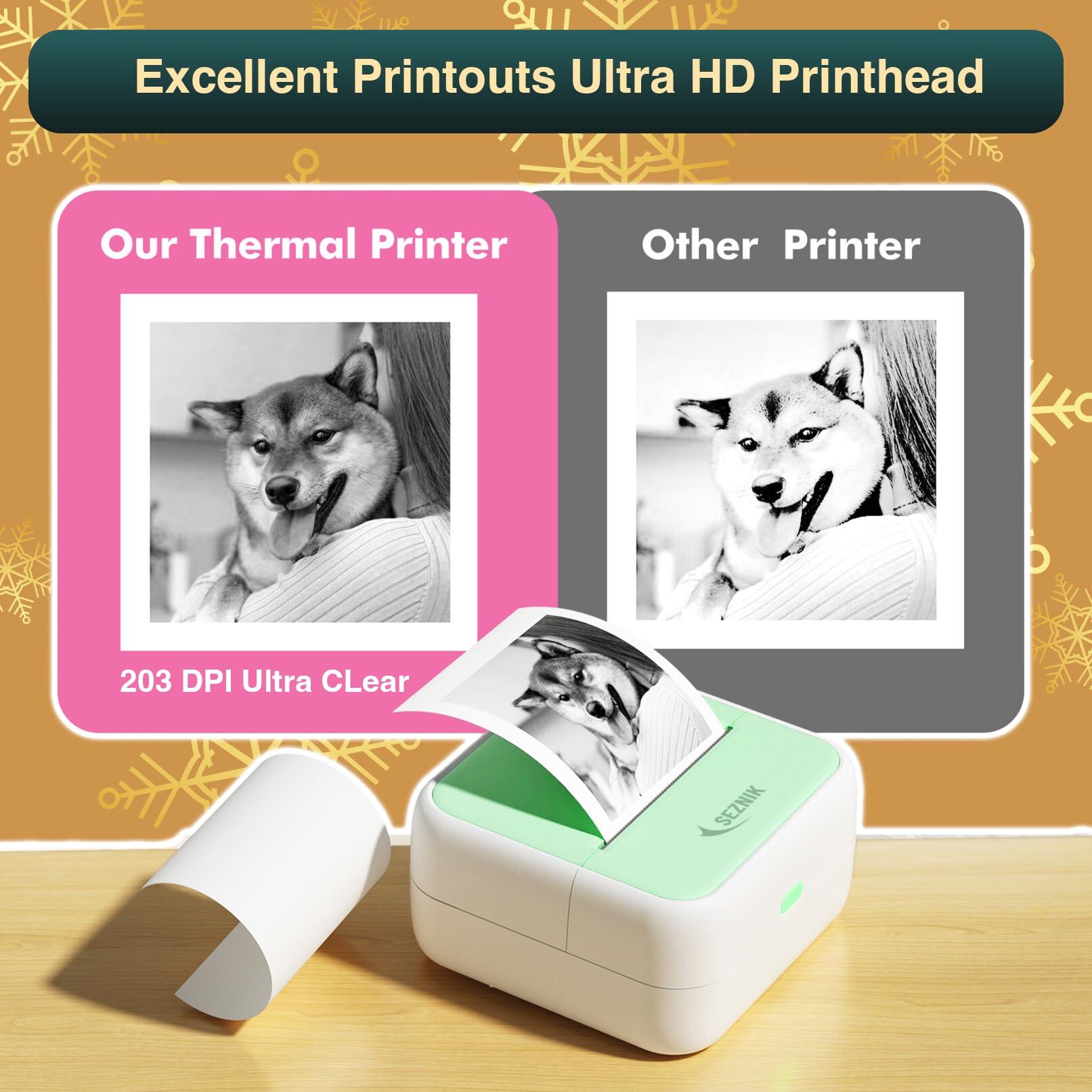 SEZNIK Mini Printer, Inkless, Thermal, Bluetooth, Portable Printer, Compatible Android, iOS Mobile. 1 Year Warranty (MiniX-Green-Gift) 2
