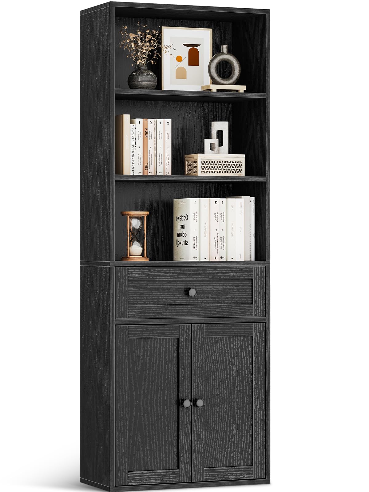 Coleshome 5-Tier Bookcase with Doors and Cabinet, Bookshelf Floor Standing Display Storage Shelf, Tall Bookcase with drawers for Home, Office, Living Room, Bedroom, Black, 48 x 24 x 164.2