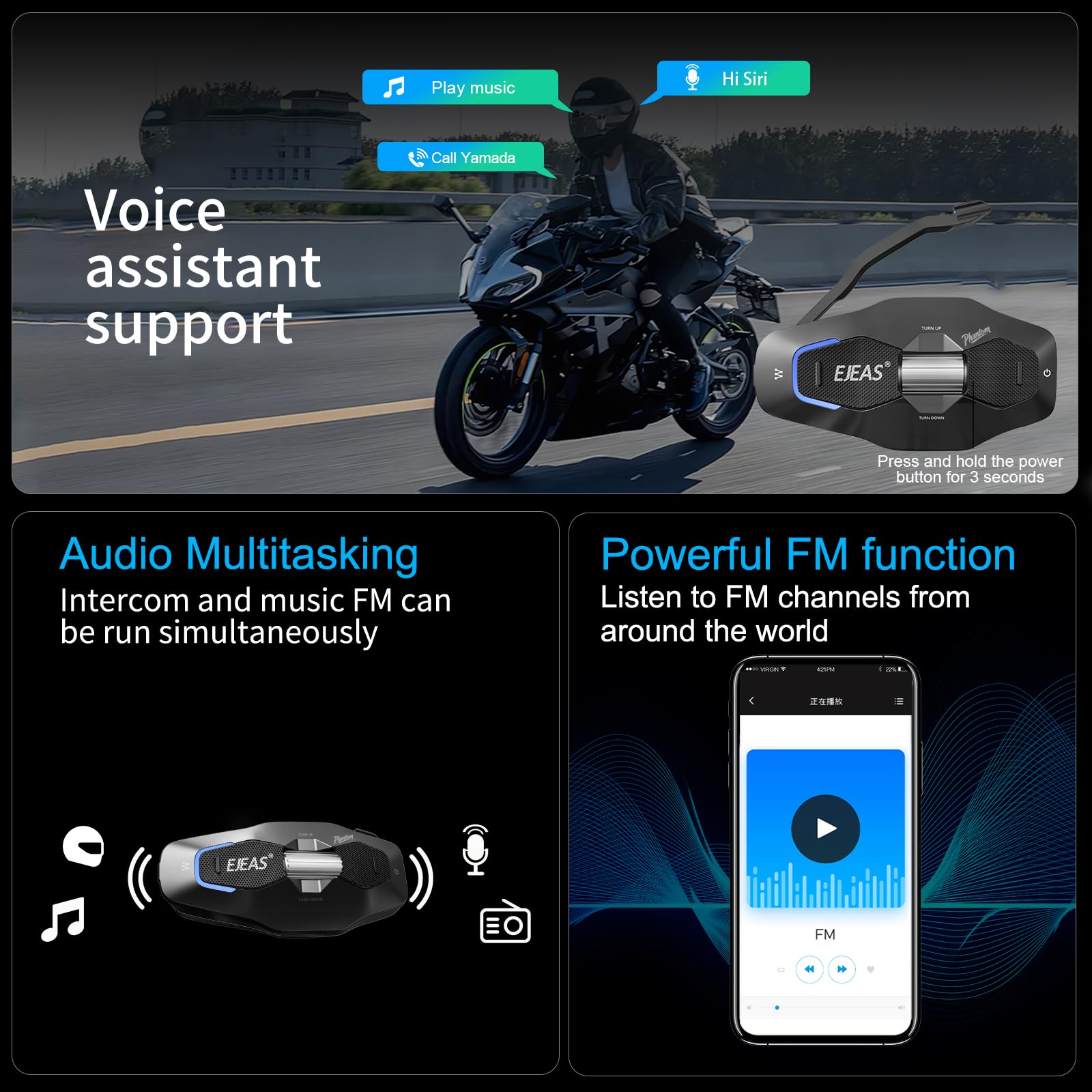 X10 Casco Moto Auricolare Bluetooth, 10 Riders Mesh 4.0 Motociclo Interfono, Sistemi di Comunicazione con Music Share, Doppia Riduzione del Rumore, Assistente Vocale, IP67, Nero