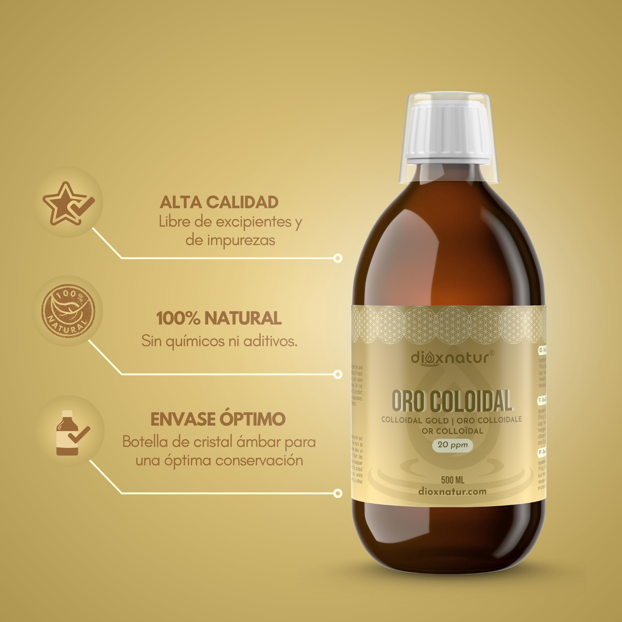 Oro Coloidal 500 ml - 20 ppm - 24K Puro 99,99% - Solución Líquida con Agua Bidestilada - Botella Vidrio Ámbar