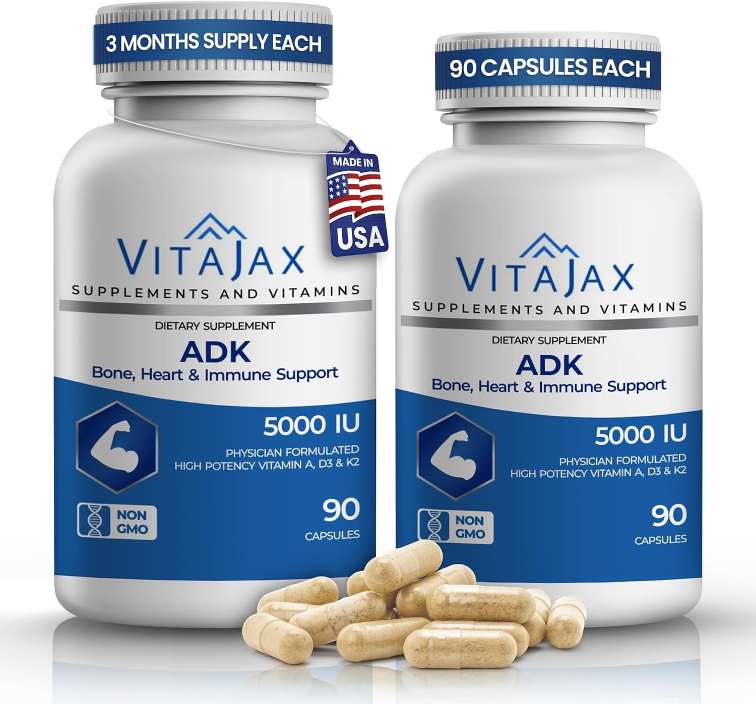 ADK - Vitamin ADK Supplement, 180 Capsules - High Potency Vitamin A, D3(5,000 IU) K2 as MK-7 for Bone, Heart & Calcium Absorption – Non-GMO, Gluten Free (6 Month Supply) 2 Pack