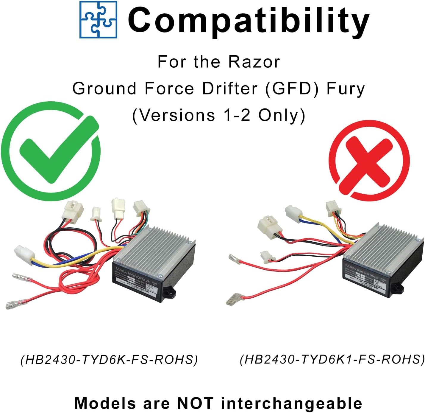 AlveyTech 24 Volt HB2430-TYD6K-FS-ROHS Controller for the Razor Ground Force Drifter (GFD) Fury (Versions 1-2) - Replacement Motor Speed Control Module with 6-Wire Throttle