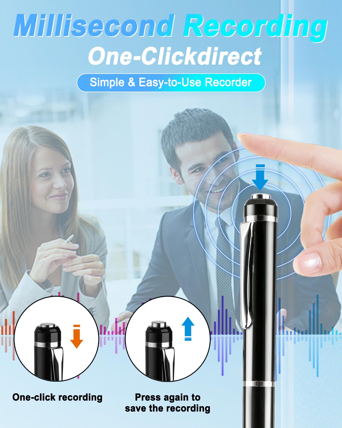 Penna Registratore Vocale 64GB - Registratore Audio con Riduzione del Rumore, Digital Voice Recorder Portatile per Lezioni, Interviste, Riunioni - Facile da Usare e USB Ricaricabile