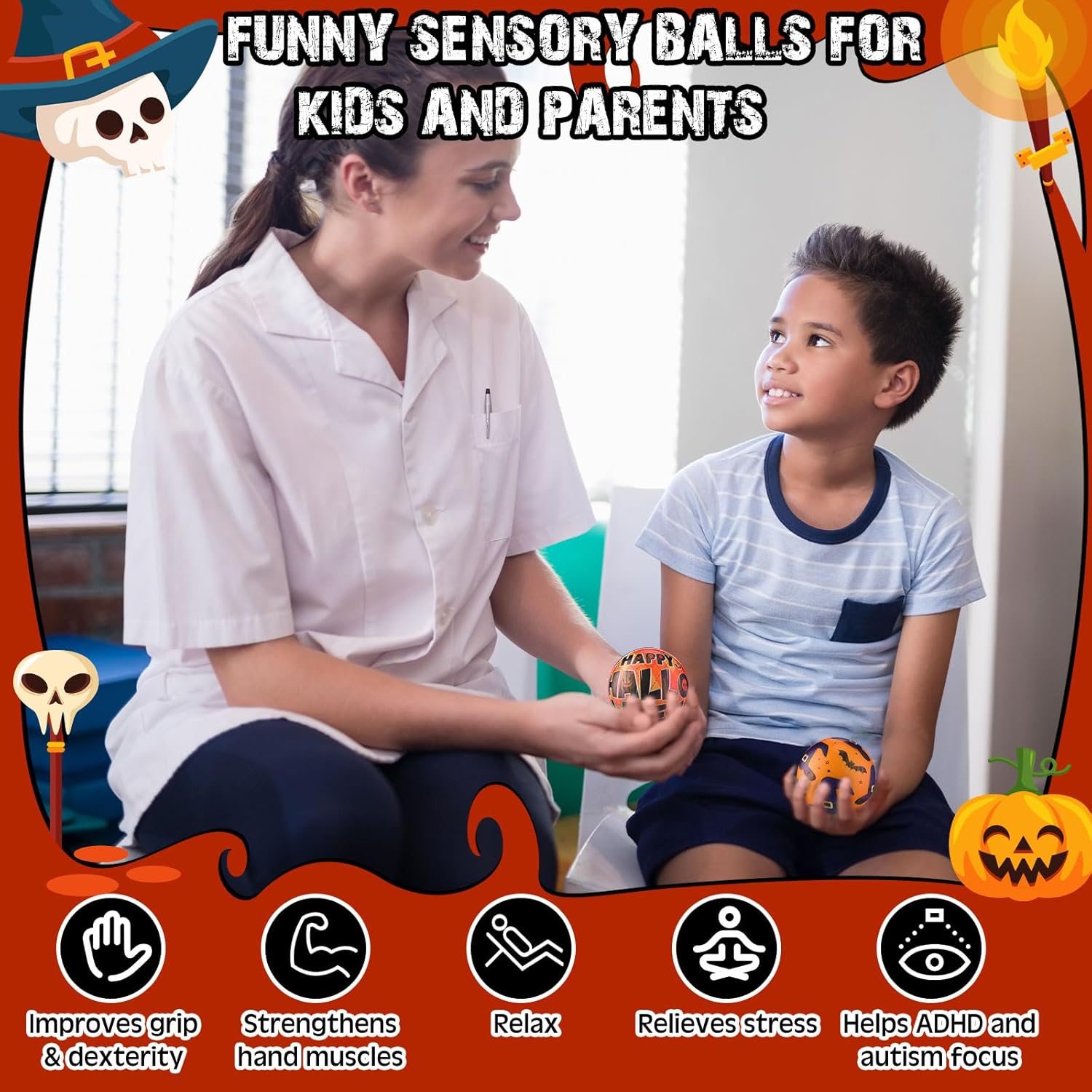 Meooeck 108 Pcs Halloween Mini Stress Balls Bulk 2.5'' Pumpkin Ghost Sport Squeeze Balls Stress Relief Sensory Fidget Foam Toy Basket Goodie Stuffers Gift for Halloween Party Favor Kids Adults Prizes - Image 4