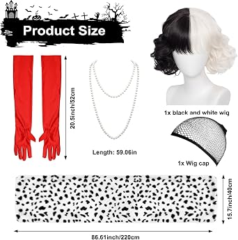 5PCS Halloween Costume Women, Dalmatian Costume Accessories with Dalmatian Shawl, Black and White Wig, 1920s Red Gloves, Women's Coat for Halloween Cosplay Party