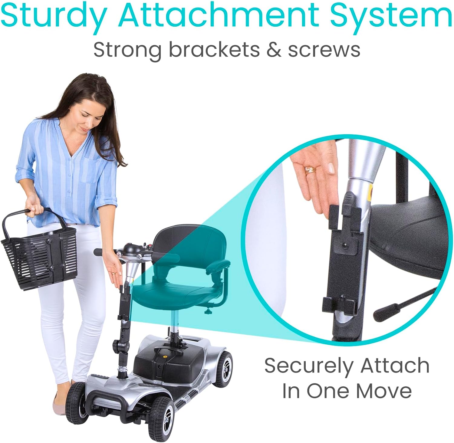 Image showing the sturdy attachment system of the scooter basket.