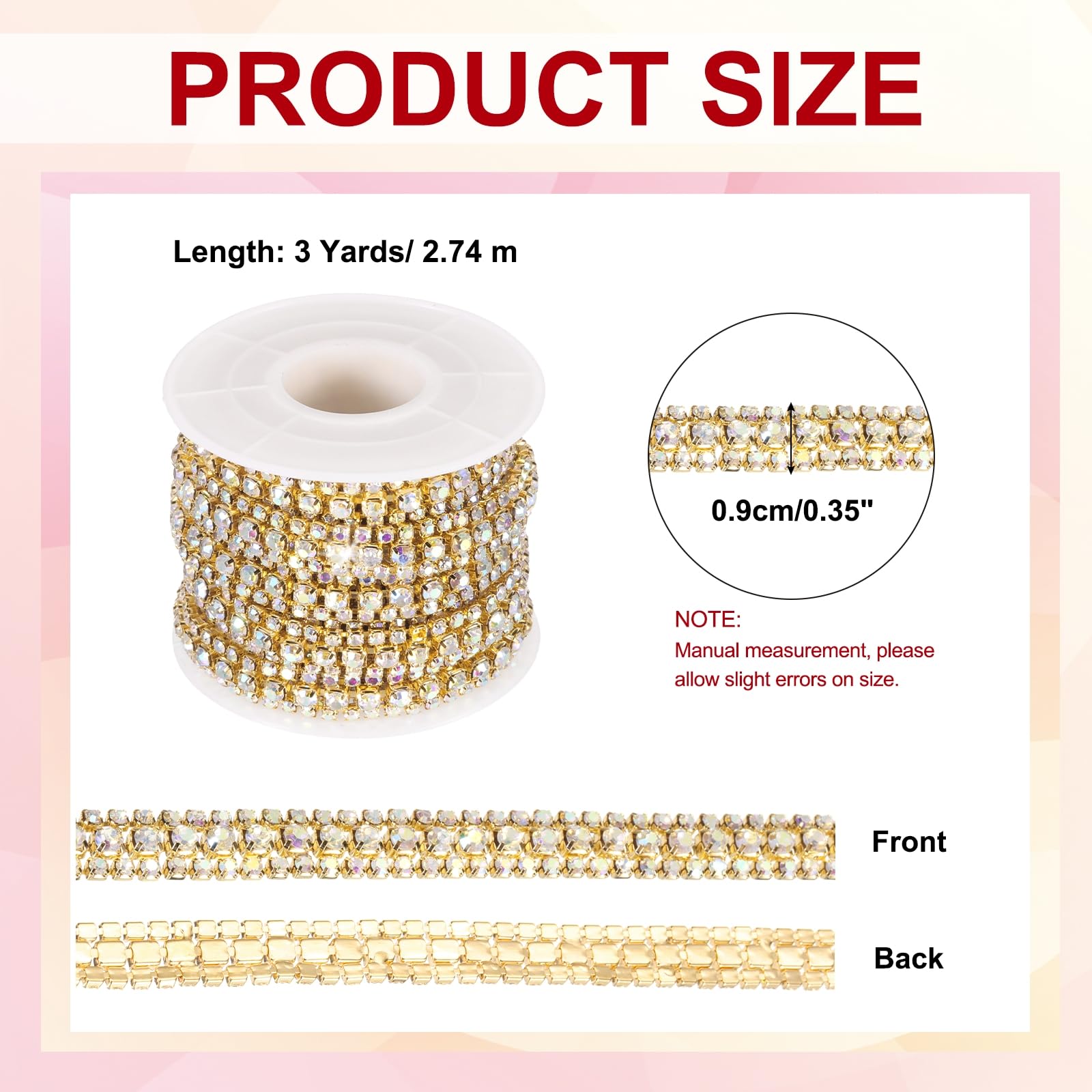 Chaîne Strass 3 Rangs - Rouleau De 6 Yards (5,48 M) - Rose Gold/Blanc - Pour Couture, Décoration Vêtements, Accessoires DIY - 3