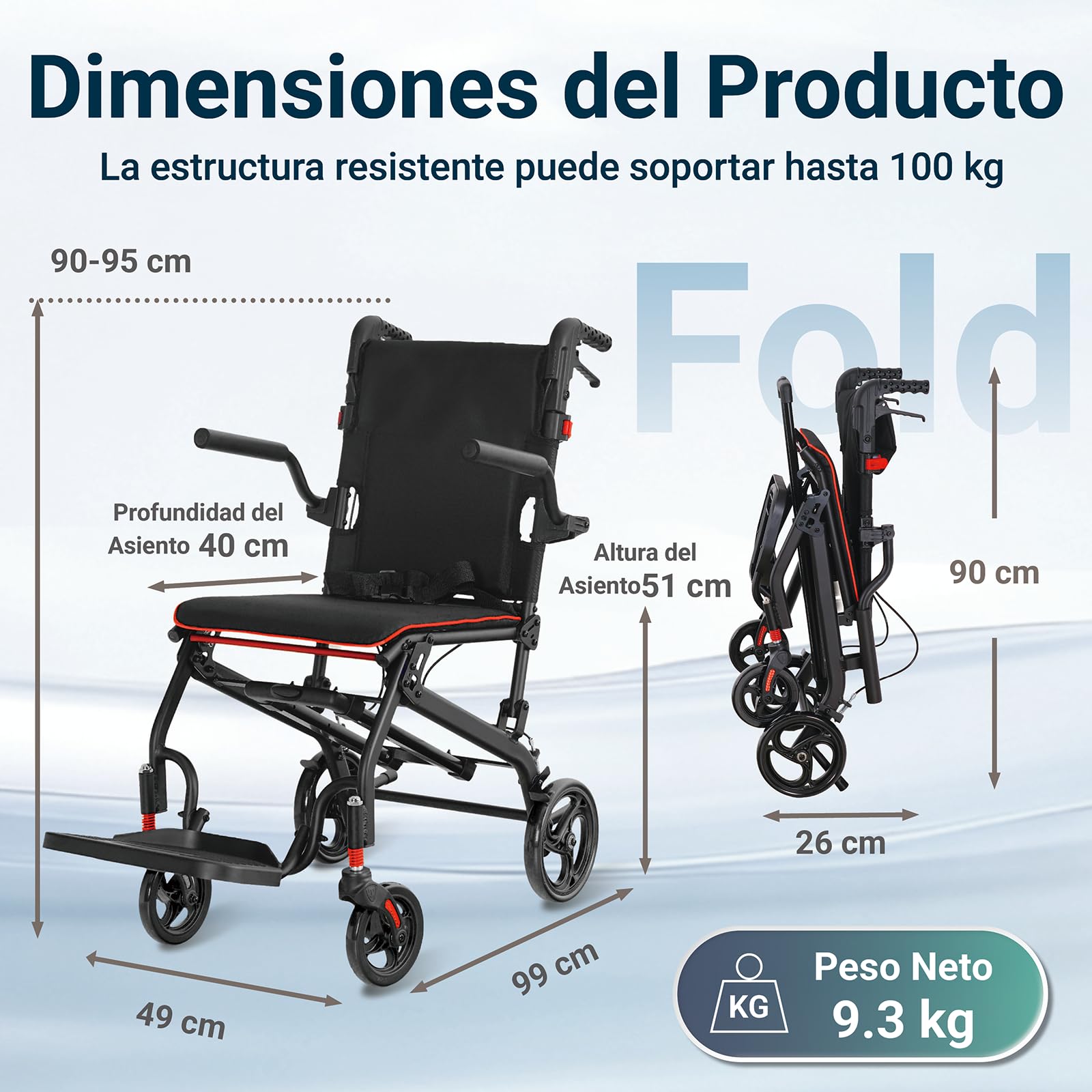 Silla de Ruedas Plegable Ligera Silla de Ruedas de Tránsito, Silla de Ruedas Estrecha para Casa y Exterior para mayores e minusválidos con Freno Manual (Negro)