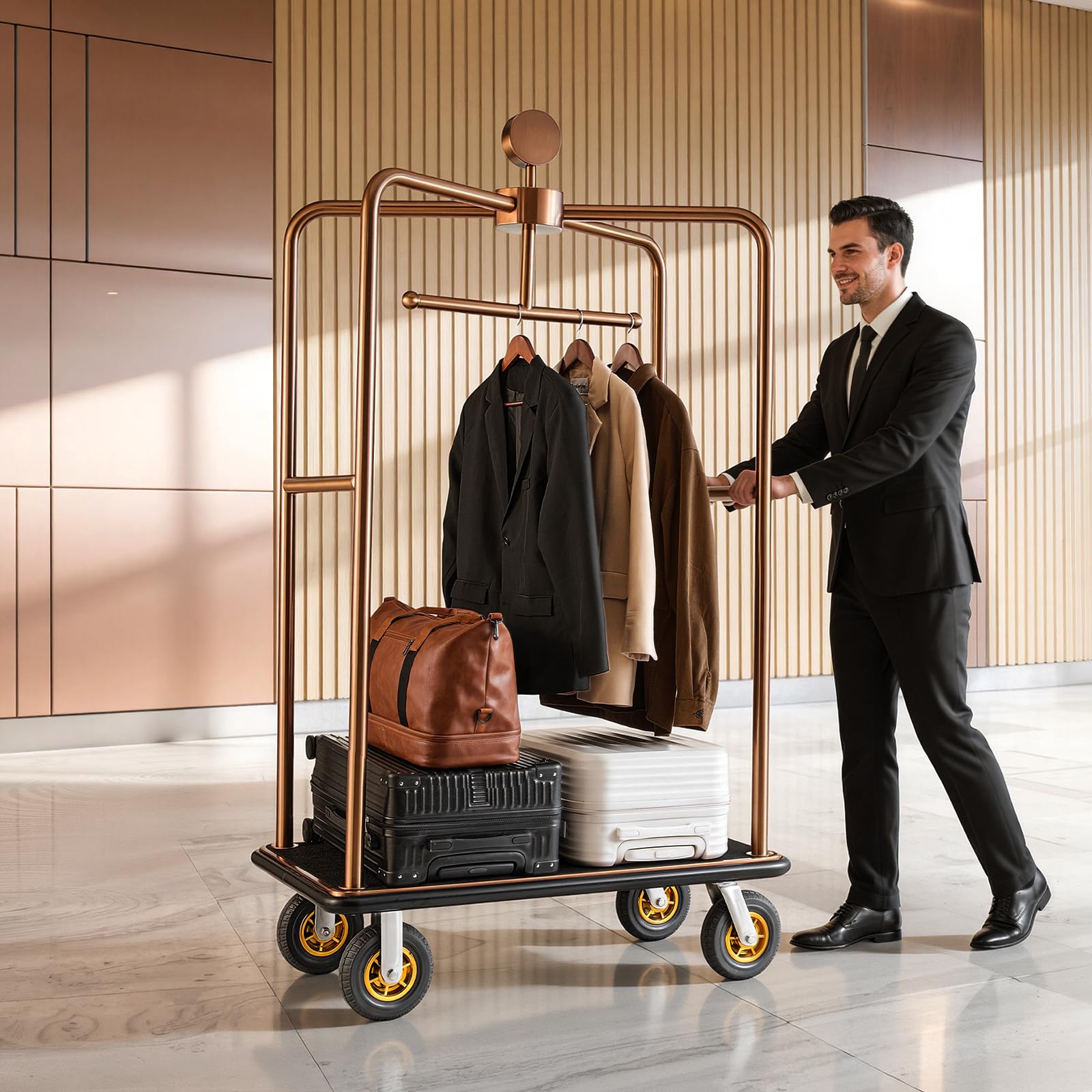 VEVOR Carrello Portabagagli per Hotel, Portata Max 544,31 kg, Carrello Bagagli Hotel con Telaio in Acciaio Inox, Ruote in Gomma da 203 mm, Pianale Rivestito in Moquette Nera, per Alberghi e Resort