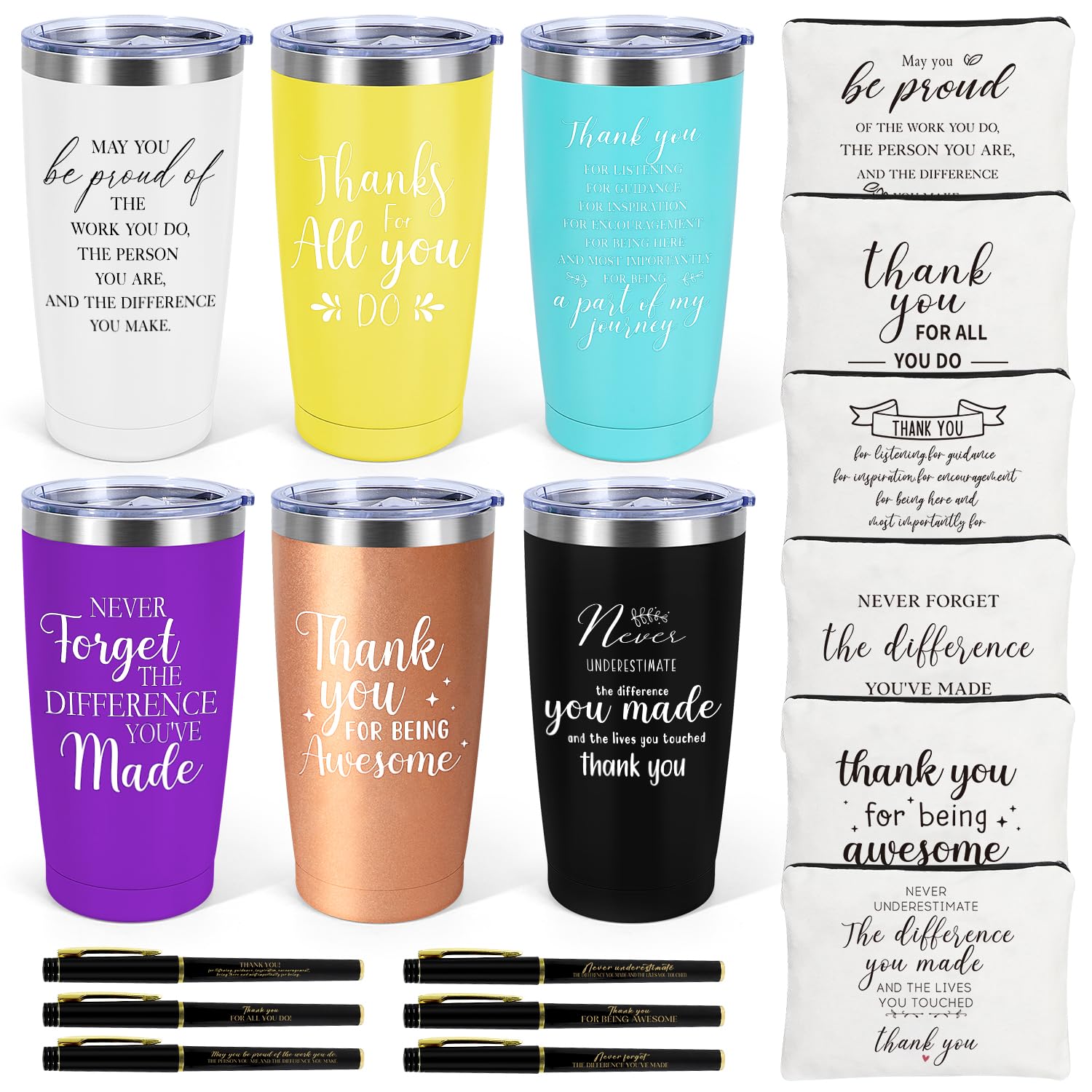 iAOVUEBY 6 Set Employee Appreciation Gifts Bulk, Christmas Gifts for Coworkers Teachers Nurses, 20 OZ Inspirational Stainless Steel Tumbler Makeup Bags Pen Thank You Gifts For Women Men Team Staffs
