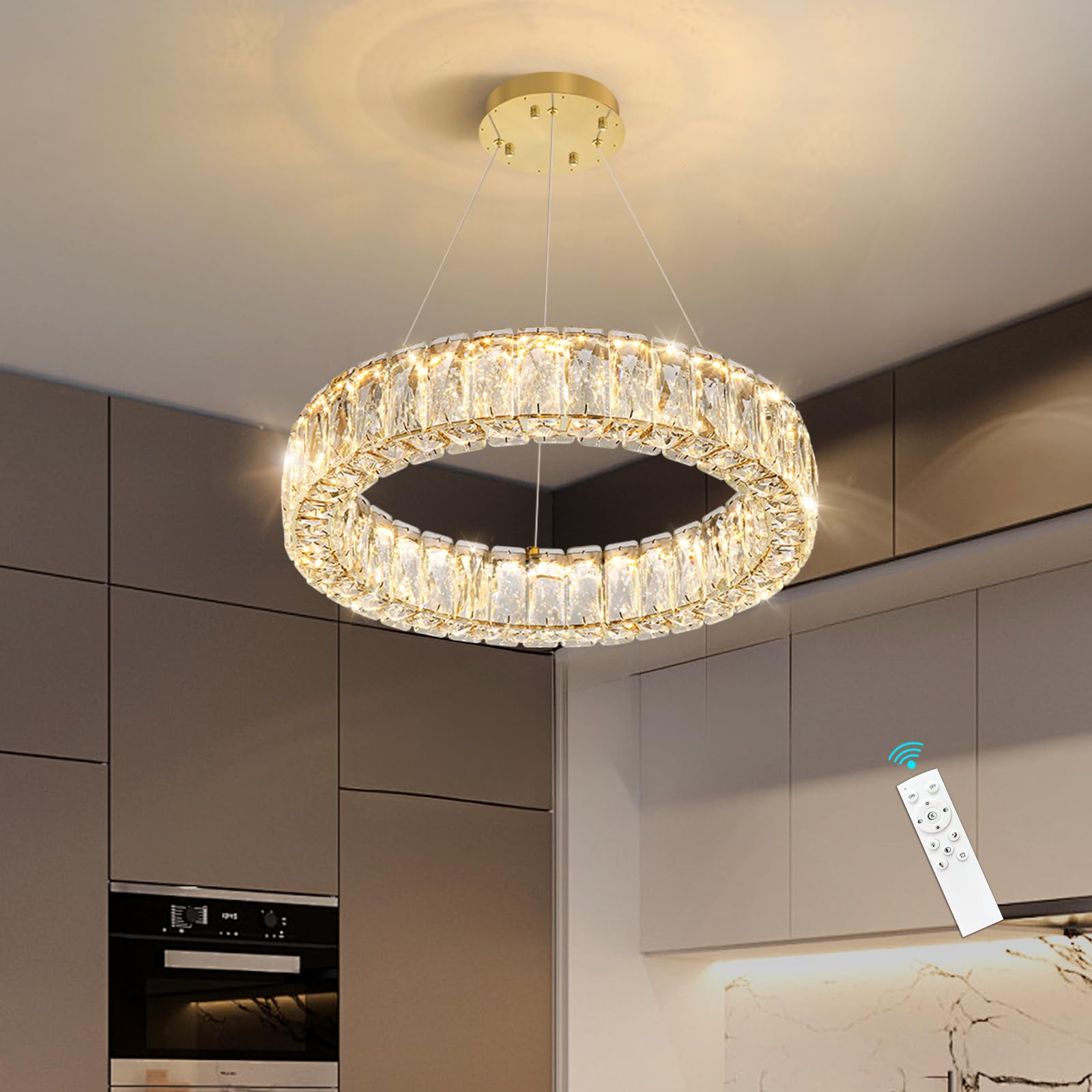 HAIXIANG Modern Crystal Chandelier Dimmable LED 16 Inch Ring Pendant Lights Adjustable Glam Chandeliers Lighting Fixtures for Dining Room Living Room