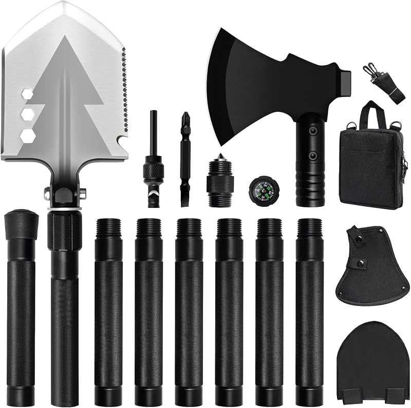 55" Camping Shovel & Axe Combo, 20 in 1 Multi Tool, Survival Kit | 3CR13 Stainless Steel, 3-Angle Shovel, Axe, Saw, Fire Starter, Compass, Whistle, Rope, 55" Rods, for Outdoor & Emergency Use