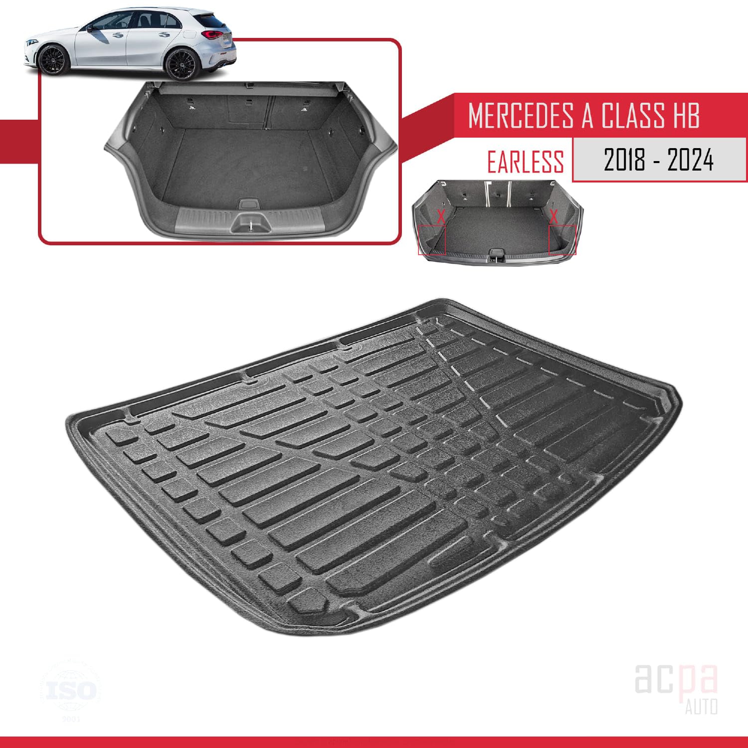 Tapis De Coffre Caoutchouc TPE Pour Mercedes Classe A W177 (Berline 5 Portes) Depuis 2018 - Noir, Bords Hauts