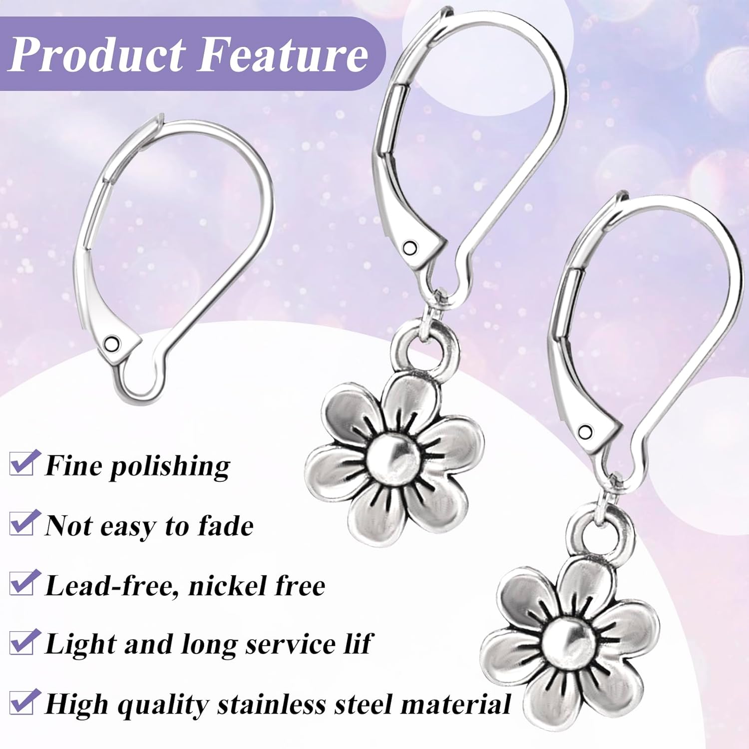 24 Pcs Leverback Earring Hooks, Stainless Steel Clasp Hoop, Hypoallergenic Dangles Earring Hooks, French Ear Wire Findings for Women, DIY Crafts, Jewelry Making (Silver) - Image 2