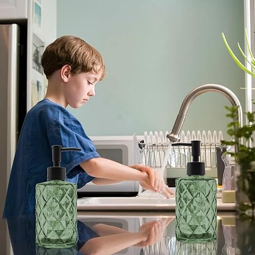 Miniatura 4 de Paquete de 2 dispensadores de jabón de vidrio verde de 12 onzas con bomba de plástico negro, botellas de jabón líquido recargables para manos, baño,