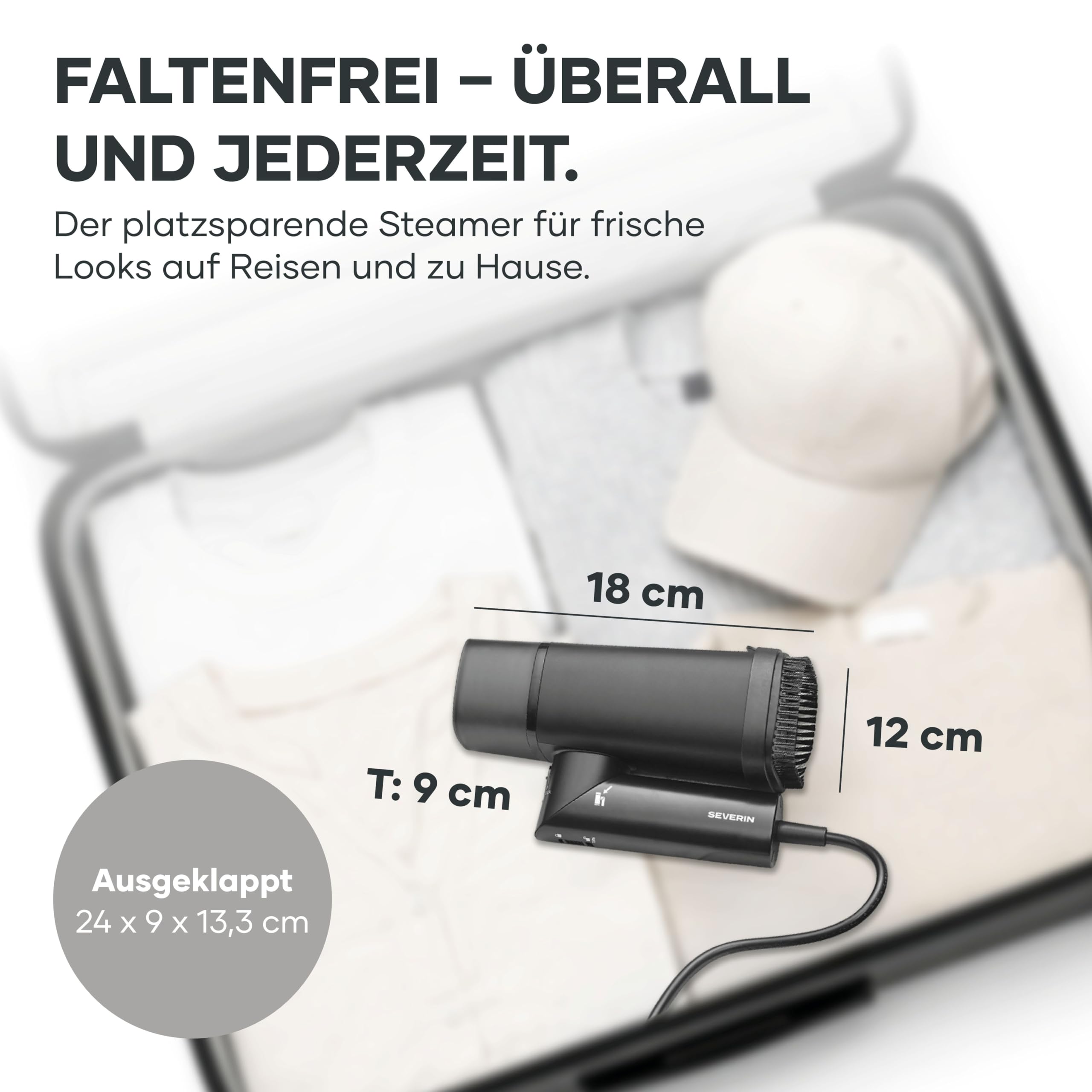 SEVERIN- Défroisseur Vapeur Portable – Steamer Compact et Pliable - Défroisseur vertical de voyage pour vêtements et textiles - Réservoir d’eau 130 ml – 1400 W – Noir mat, DG 3282