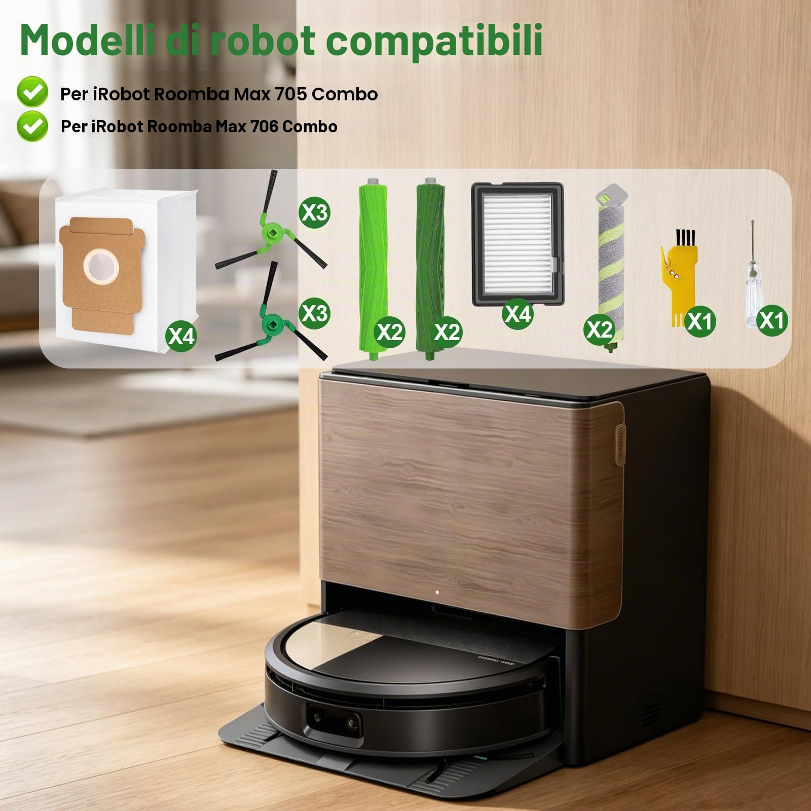 Ricambi per robot aspirapolvere iRobot Roomba Max 705 Combo/706 Combo Accessori 22 pezzi 2 set di spazzole a rullo, 4 filtri, 6 spazzole laterali, 2 mop a rullo, 4 sacchetti