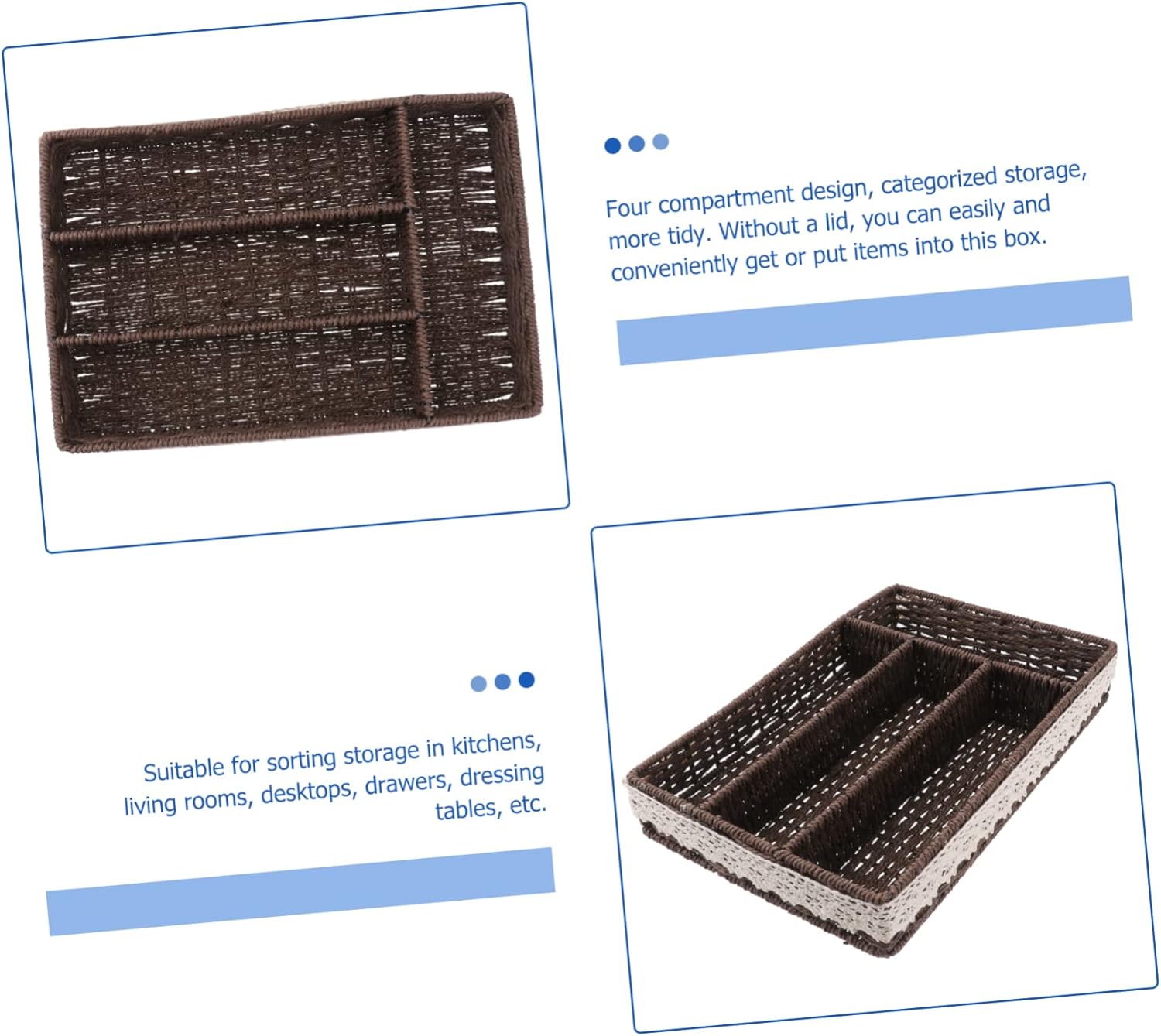 3 Pcs Compartment Storage Box Rattan Storage Baskets Chopstick Tray Desktop Storage Containers Tableware Storage Tray Hand Woven Basket Storage Case Picnic Basket Plastic Coffee/2