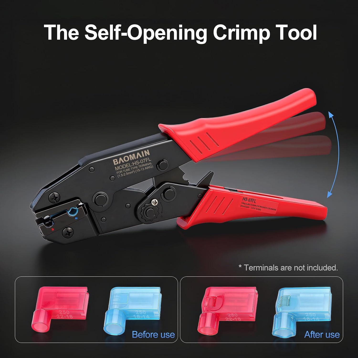 Baomain Ratchet Crimper Plier HS-07FL Flag Female Quick Disconnects Crimping Tools Use for 1.5-2.5 mm² (15-13 AWG) Red (Pack of 2)