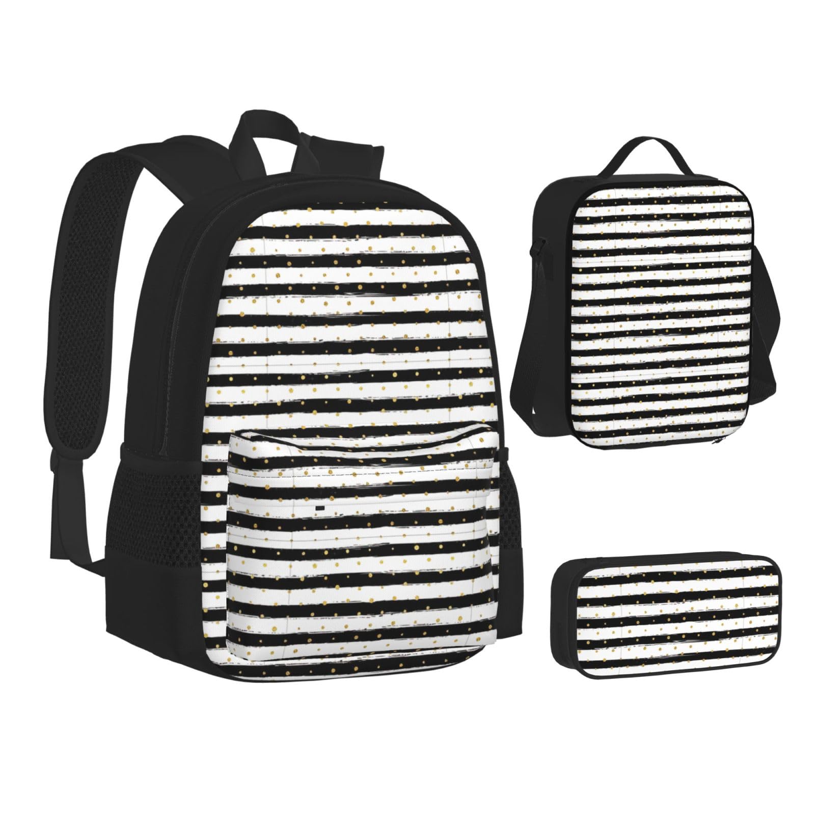 YHBLYKXP Ink and Gold Dot Stripes print 3-Piece Casual Backpack Set (Backpack + Waist Bag + Small Pouch), Unisex Daypack