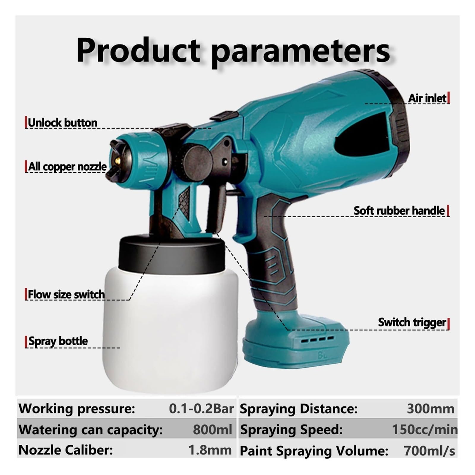 Pistolet natryskowy, 800ML elektryczny pistolet natryskowy bezprzewodowy pistolet do malowania Auto powłoka stalowa aerograf kompatybilny z akumulatorem 18V bez akumulatora | Blauw