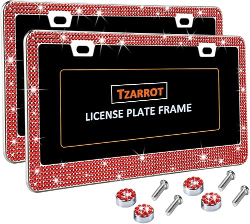 Miniatura 2 de TZARROT Marco de matrícula rojo brillante para mujer, marco de placa de cristal con diamantes de imitación, marco de placa de matrícula brillante,