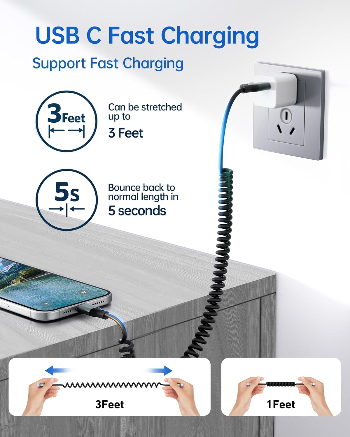 USBC to USBC Cable for Car, 3FT Coiled USB Type C Charge Cable Fast Charging, 2Pack Short USB-C Cable Compatible with iPhone 17/16/15/Samsung Galaxy S20 S10 S9 Plus Note 10 9 8 and More USB C Devices