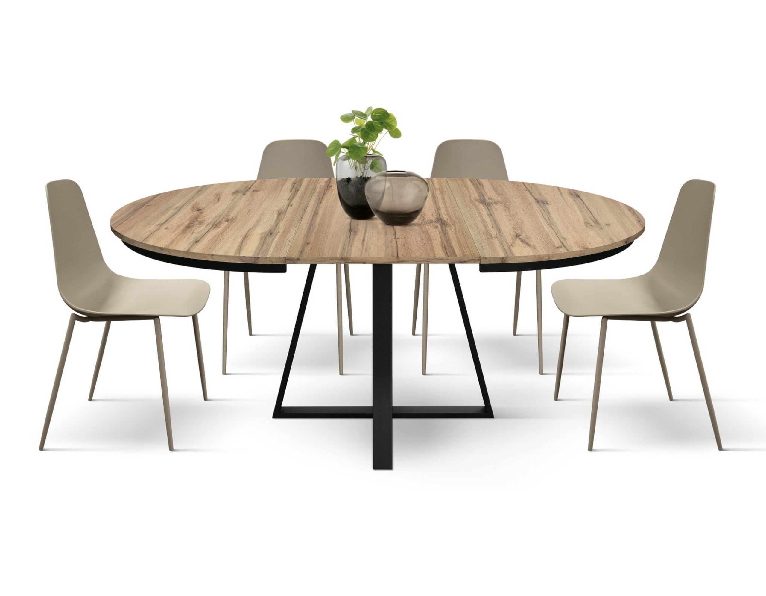 KONTE.DESIGN Tavolo rotondo PANTELLERIA in legno effetto rovere rustico con base a X in metallo antracite, allungabile ⌀120 cm - ⌀170 cm