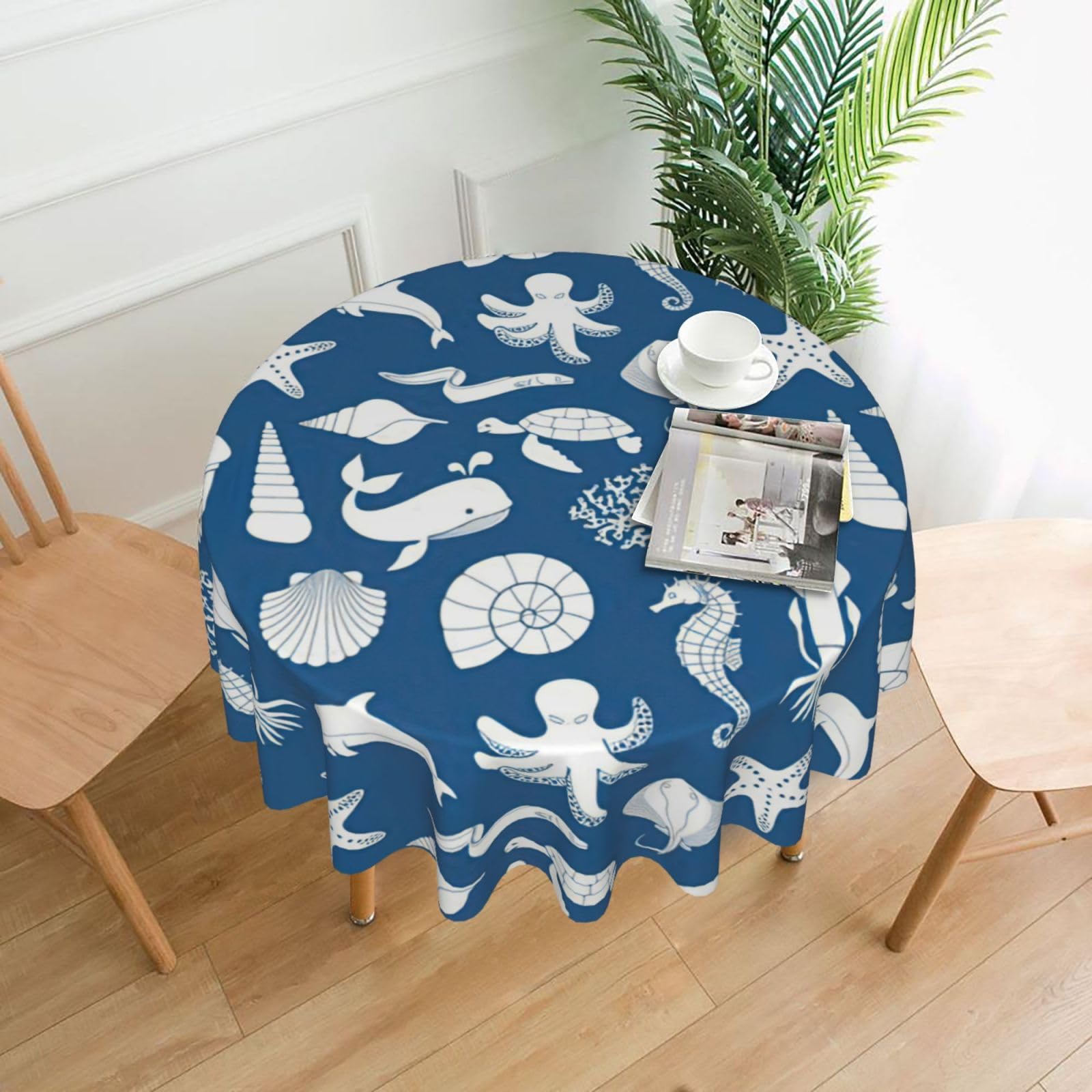 Uusnwaa Underwater Marine Life Print Round Tablecloth 60 Inch, Stain Wrinkle Resistant Washable Polyester Table Cover For Kitchen Party