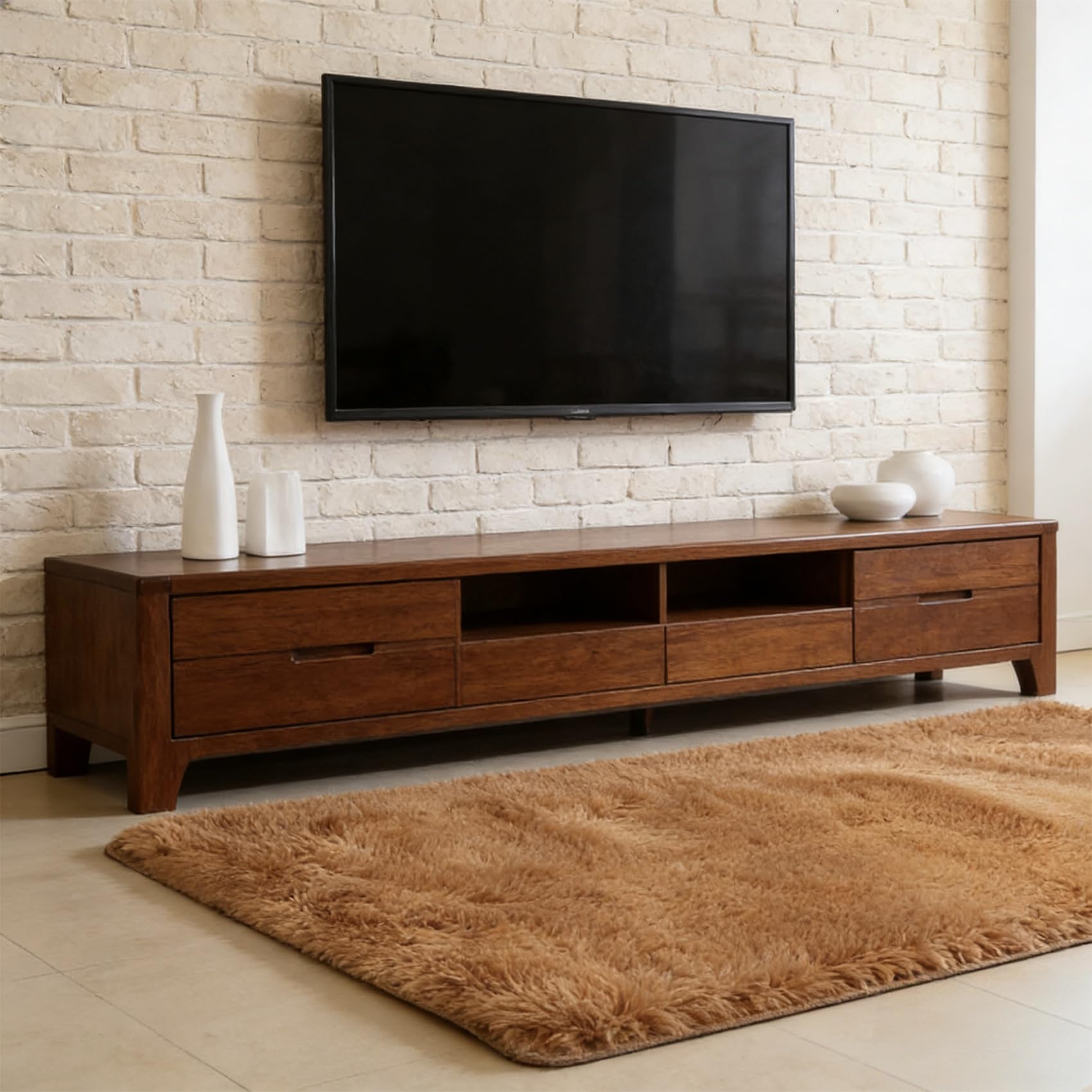 Tapis de salon antidérapant et doux à poils longs marron 75x255