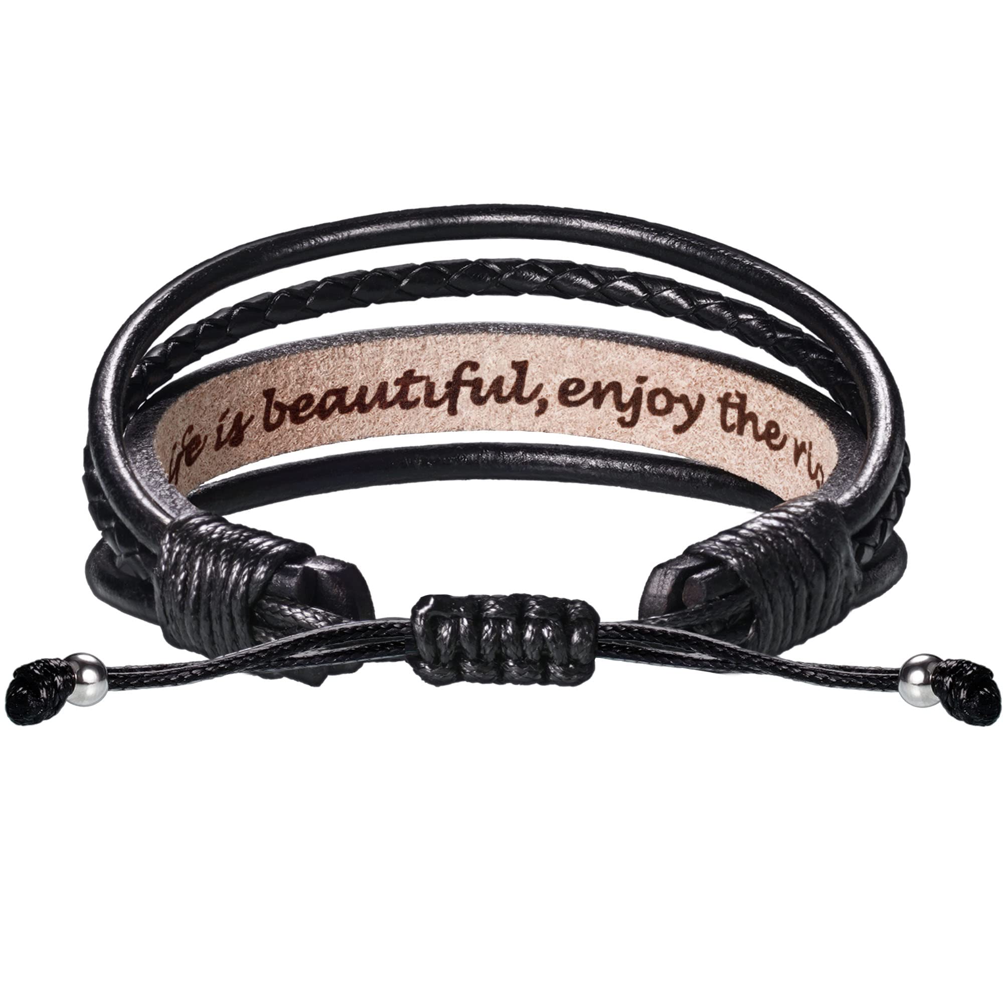 Btysun Leather Bracelets for Men Women Inspirational Gifts for Him Her Handmade Black Braided Motivational Birthday Gift for Boyfriend Husband Dad