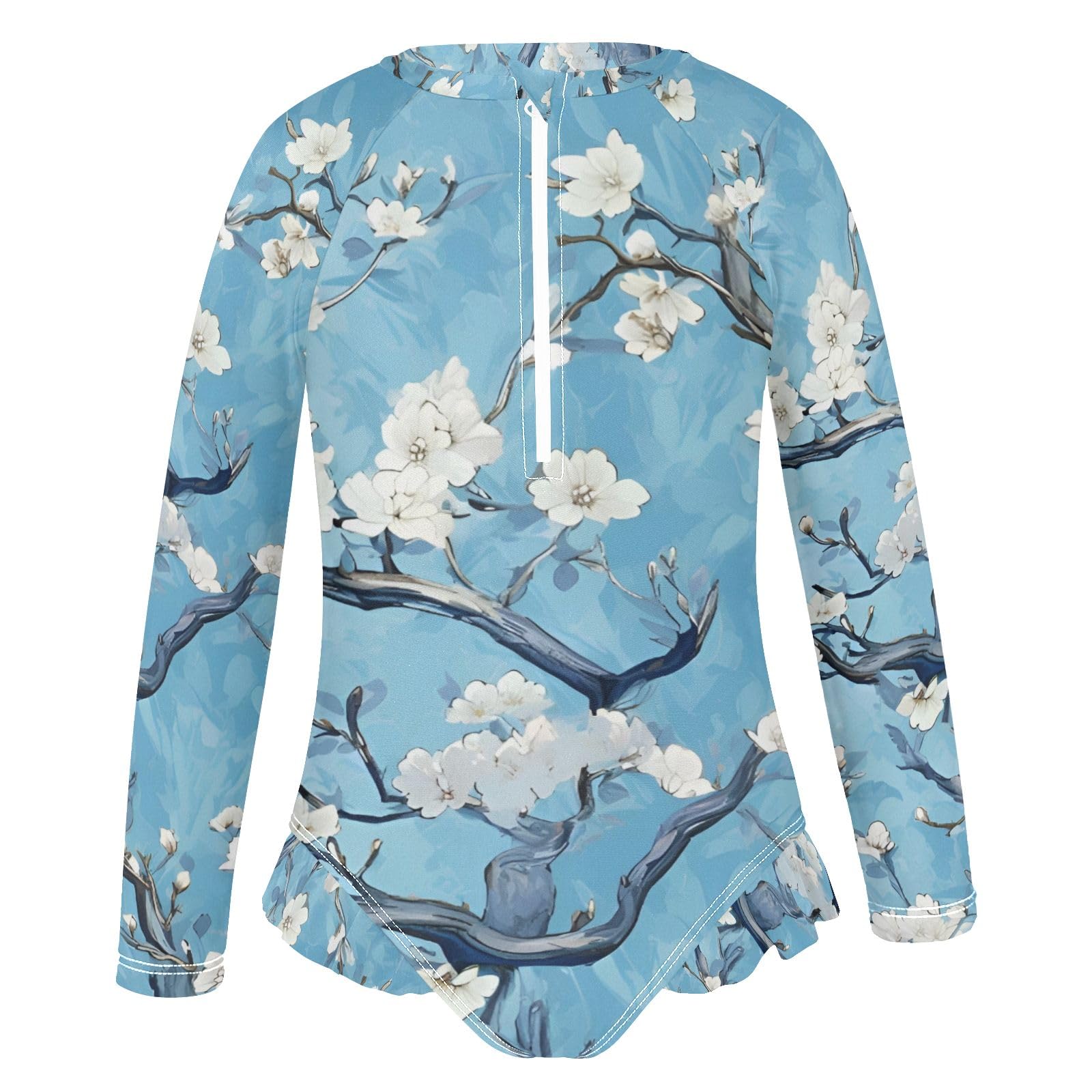 ALAZA Swimsuit for Girls Long Sleeve Rashguard Bathing Suit White Cherry Flower Quick Dry 4T