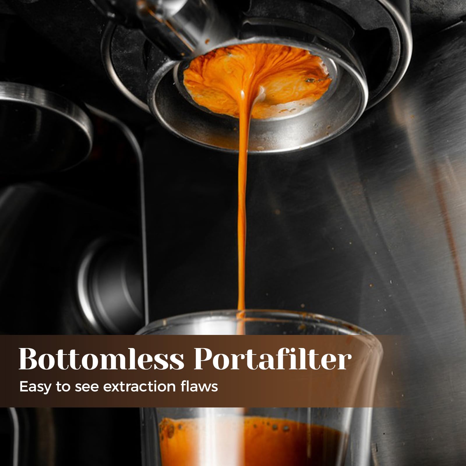 Petyoung Portafiltro Sin Fondo de 51 mm con 3 Orejas, Mango de Madera, Acero Inoxidable, Compatible con DeLonghi EC680/EC685/EC885/EC890, para Máquinas de Café en Casa