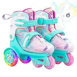 METROLLER Patins de equilíbrio infantis ajustáveis para crianças de 3 a 6 anos, patins iluminadores de unicórnio arco-íris para meninas de 5 a 8 anos, tipo de três pontas, adequado para iniciantes e